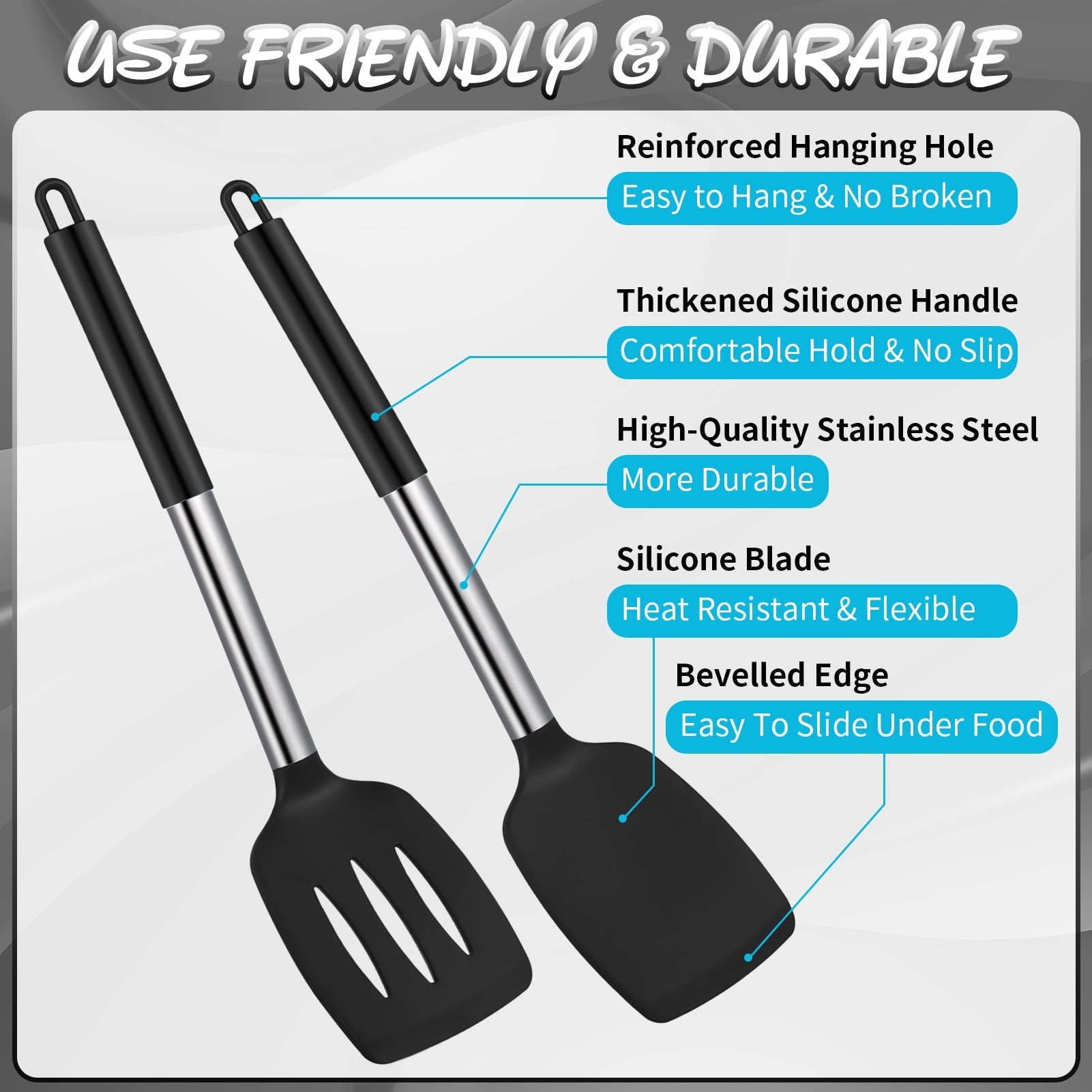 Seamless One-Piece Silicone Cooking Spatulas and Spoons, 4 Pack Heat Resistant Silicone Cooking Utensils Set, Non-stick Large Ki... - Premium Stainless Steel Cooking Utensil for Non-Stick Pots Detail