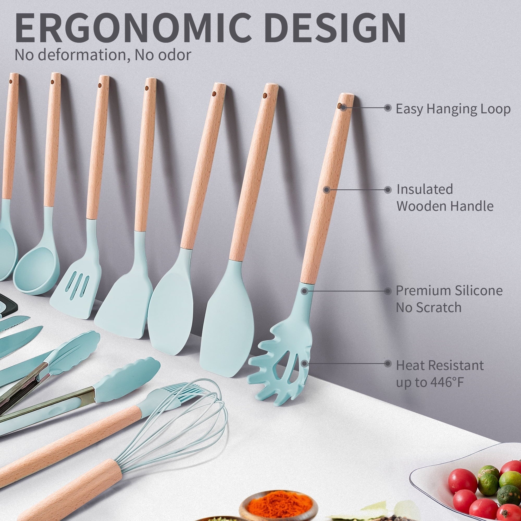 Ergonomic Cooking Silicone Kitchen Cooking Utensils Set, 19 Pieces Utensil with Holder, Heat Resistant, Green - Ergonomic Kitchen Tongs and Cooking Spoon Utensil Detail