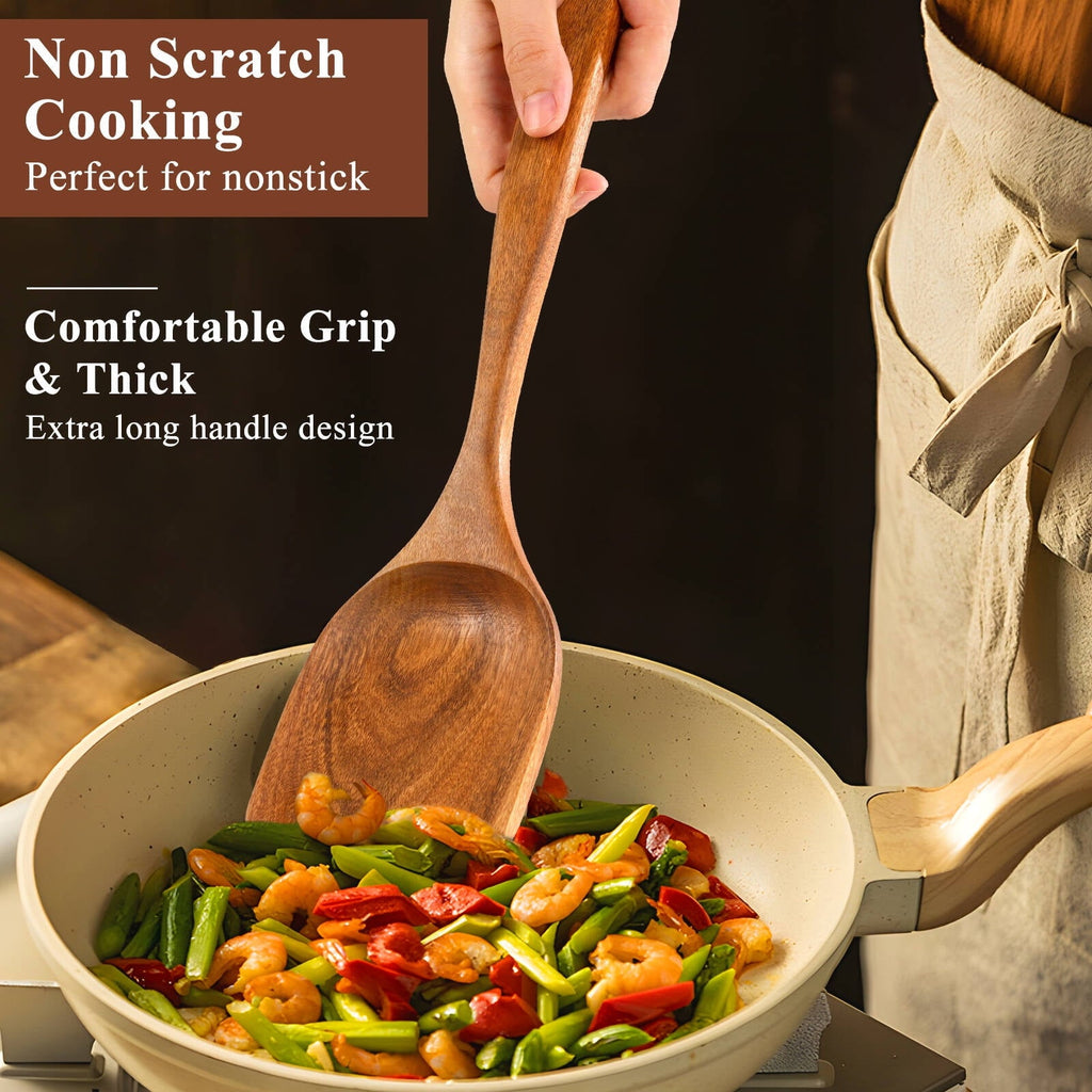 Premium Silicone Wooden Spoons for Cooking, 8 Pcs Natural Wooden Utensil for Cooking with Non-Stick, Heat Resistant, Wood... - Ergonomic Kitchen Tongs and Cooking Spoon Utensil Detail