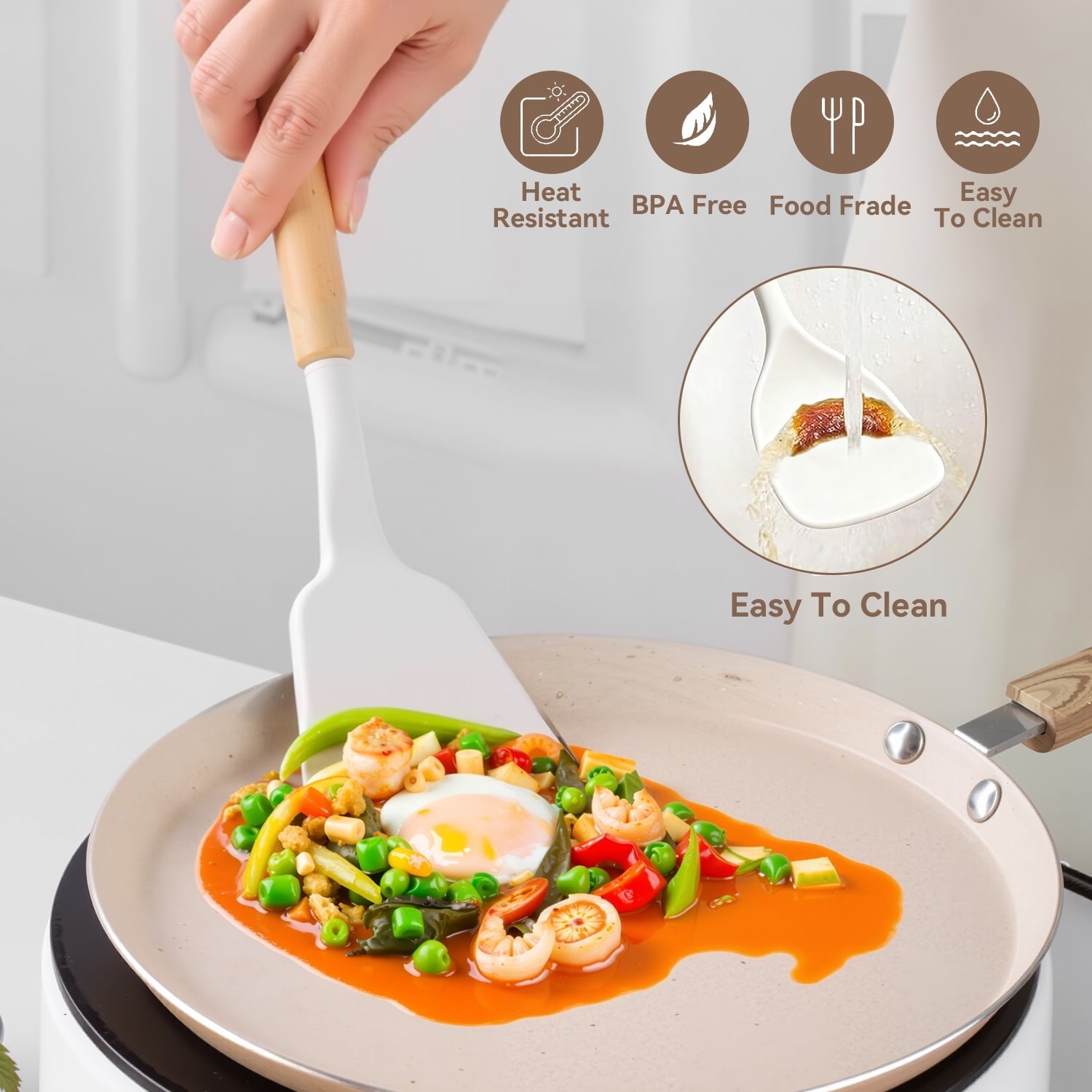 Premium Silicone Kitchen Utensils Set for Cooking, 11 Cooking Utensils, 6 Knife set Beige,3 Utensil Sets,utensilios de cocina - Ergonomic Kitchen Tongs and Cooking Spoon Utensil Detail