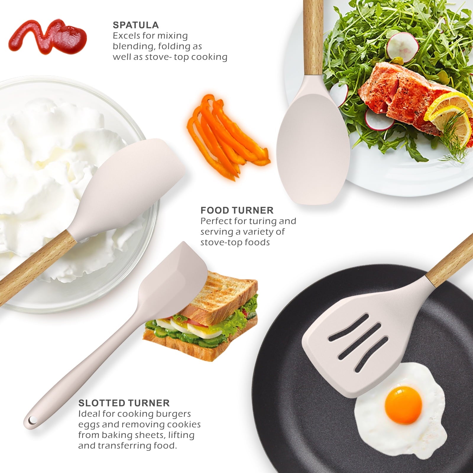 Heat-Resistant Silicone Cooking Utensils Set - 446°F Heat Resistant Silicone Kitchen Utensils for Cooking,Kitchen Utensil Spatula Se... - Ergonomic Kitchen Tongs and Cooking Spoon Utensil Detail