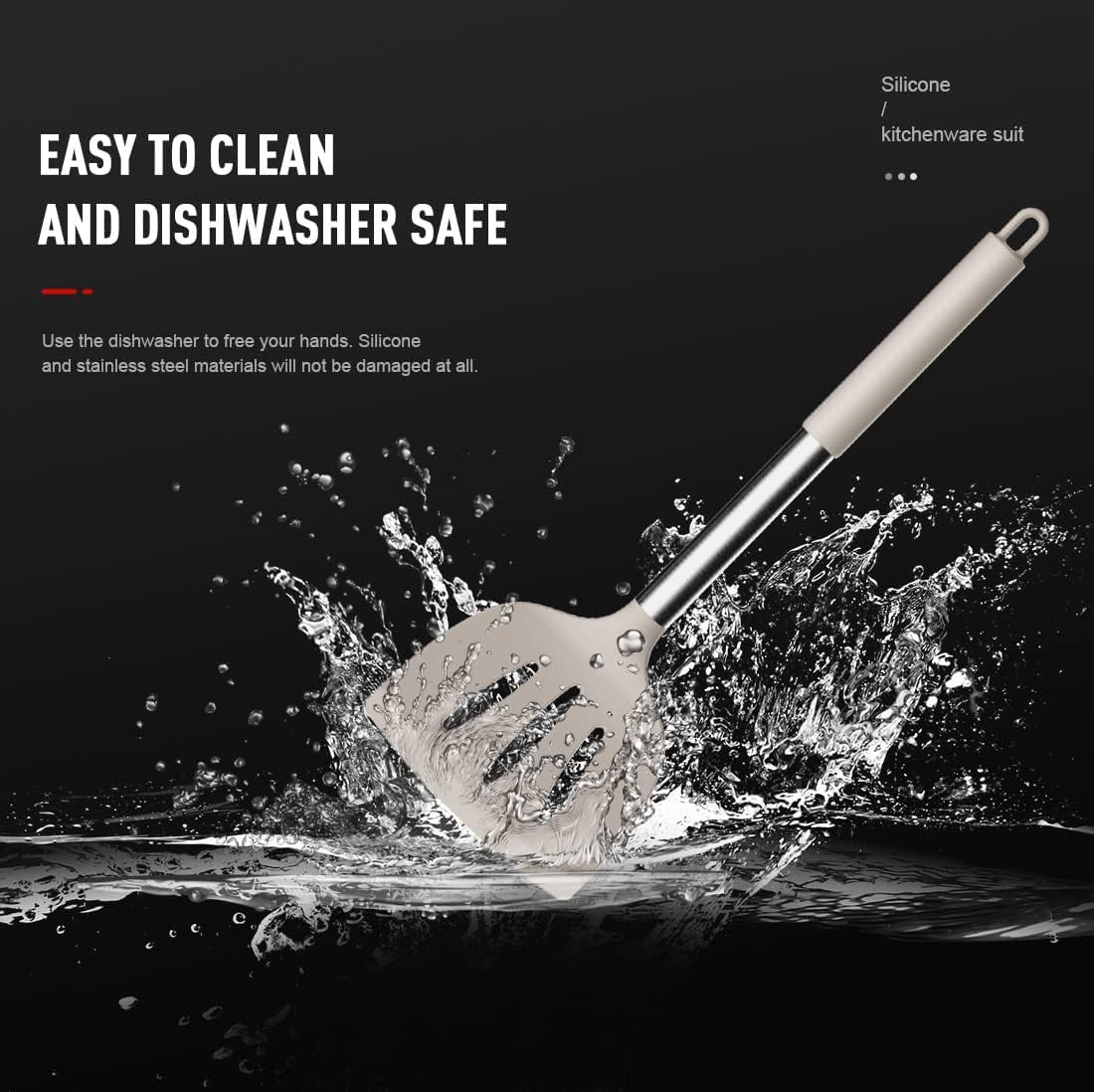 Ergonomic Cooking Large Silicone Cooking Utensils Set - Heat Resistant Kitchen Utensils,Turner Tongs,Spatula,Spoon,Brush,Whisk,Stainles... - Durable Turner & Ladle Utensil Set for Home Chefs Detail
