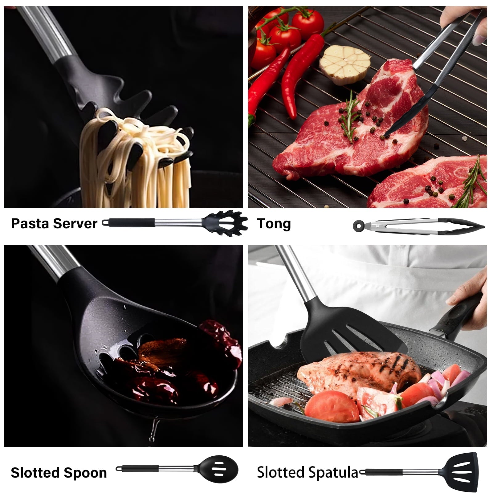 Seamless One-Piece Silicone Cooking Utensils Set, 26 Pcs, Heat Resistant Kitchen Utensils Set, Black - Durable Turner & Ladle Utensil Set for Home Chefs Detail