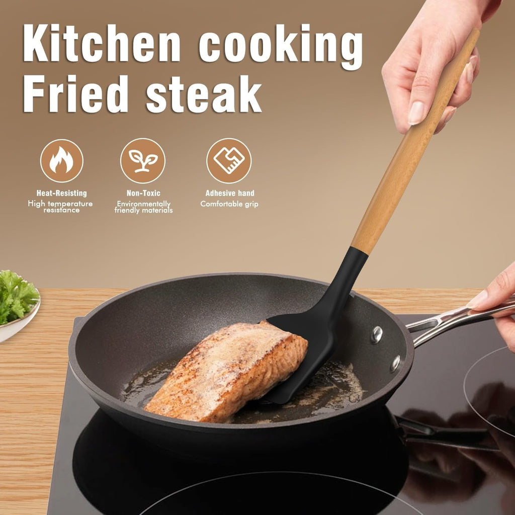 Seamless One-Piece Silicone Cooking Utensils Set - Silicone Kitchen Utensils for Cooking Wooden Handles, 446°F Heat Resistant Kitchen Ut... - Premium Stainless Steel Cooking Utensil for Non-Stick Pots Detail