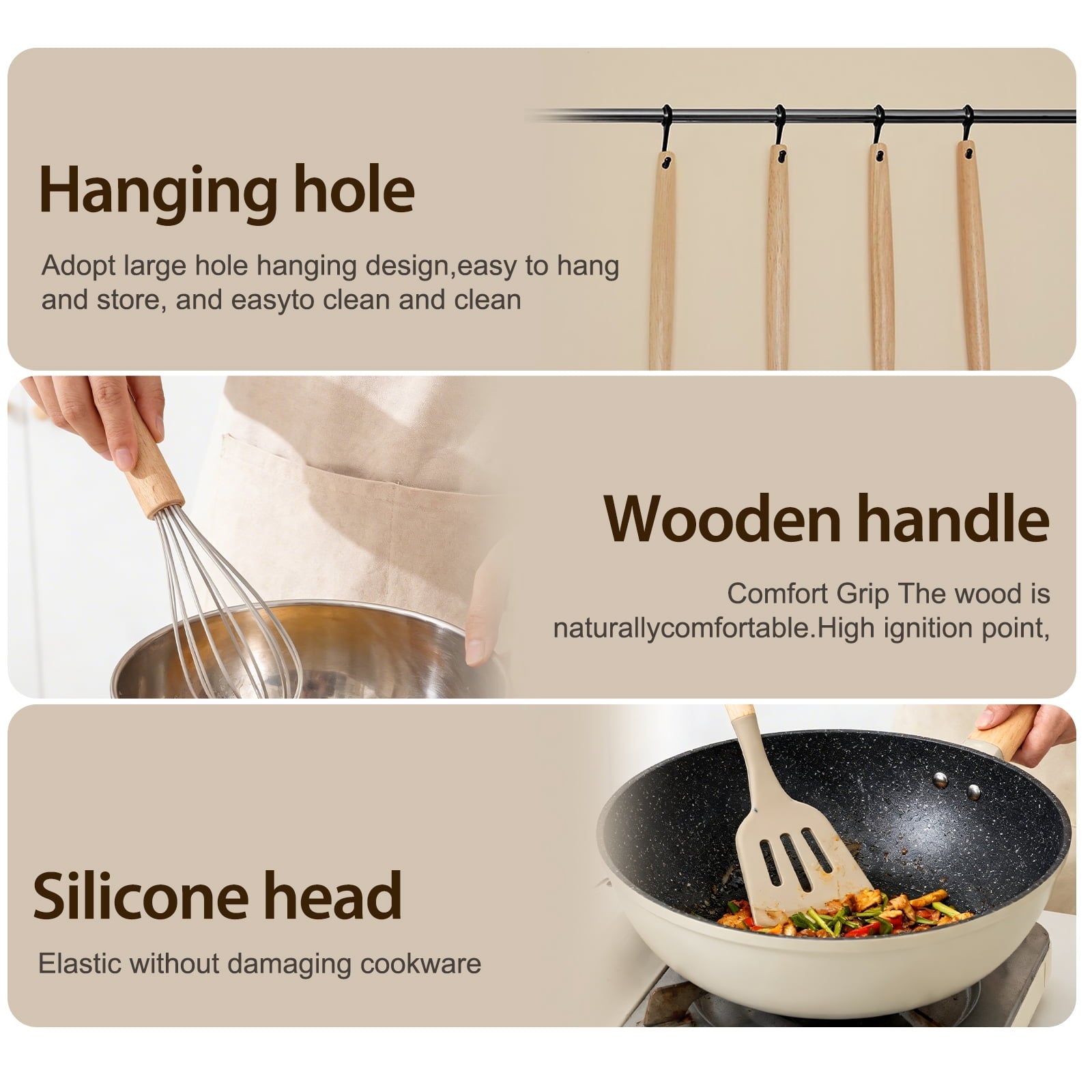 Heat-Resistant Silicone Cooking Utensils Set, Heat Resistant Kitchen Tools, 36 PCS Non-Stick Silicone Cooking Kitchen Utensils, Khaki - Heat-Resistant Silicone Cooking Spatula Turner Detail