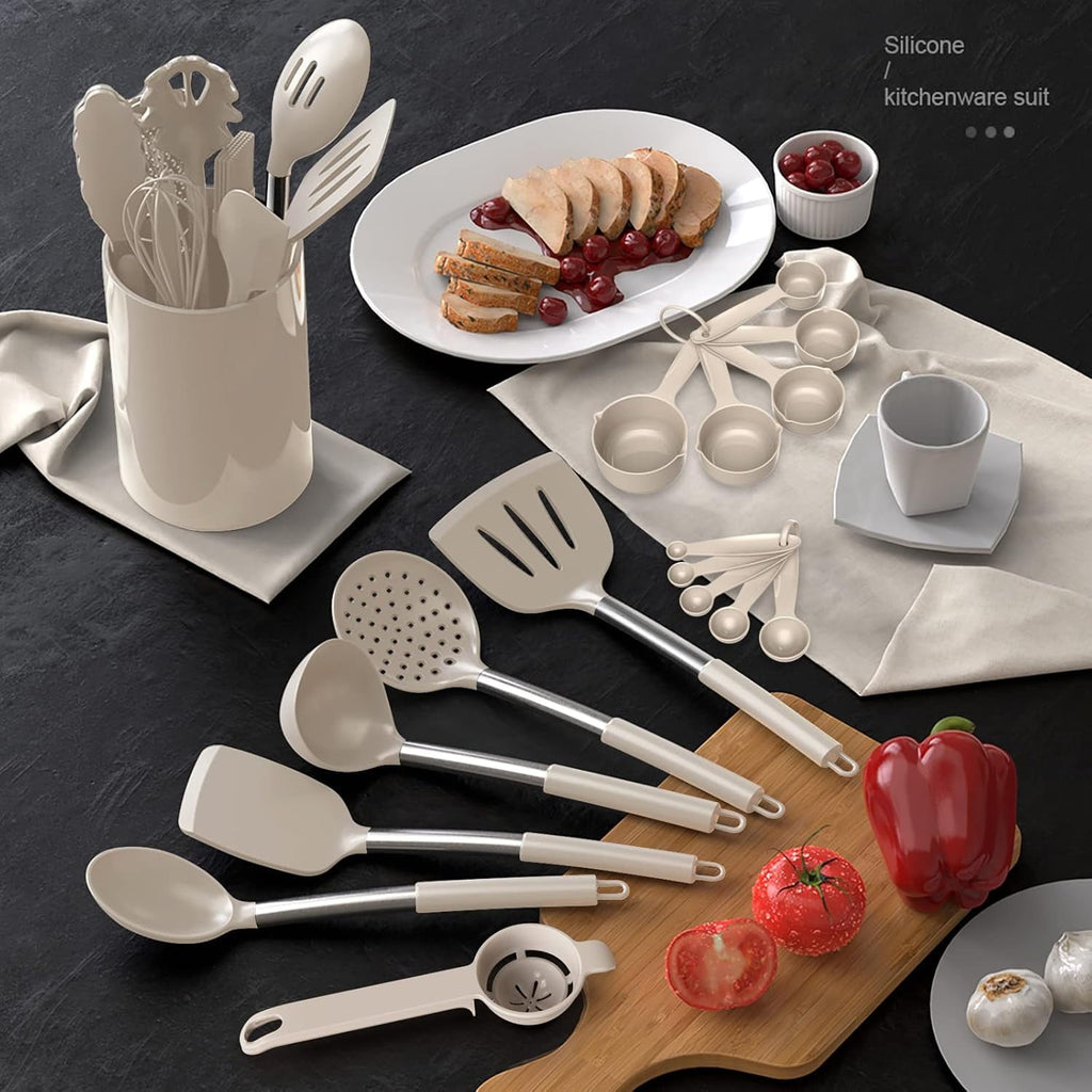 Ergonomic Cooking Large Silicone Cooking Utensils Set - Heat Resistant Kitchen Utensils,Turner Tongs,Spatula,Spoon,Brush,Whisk,Stainles... - Durable Turner & Ladle Utensil Set for Home Chefs Detail