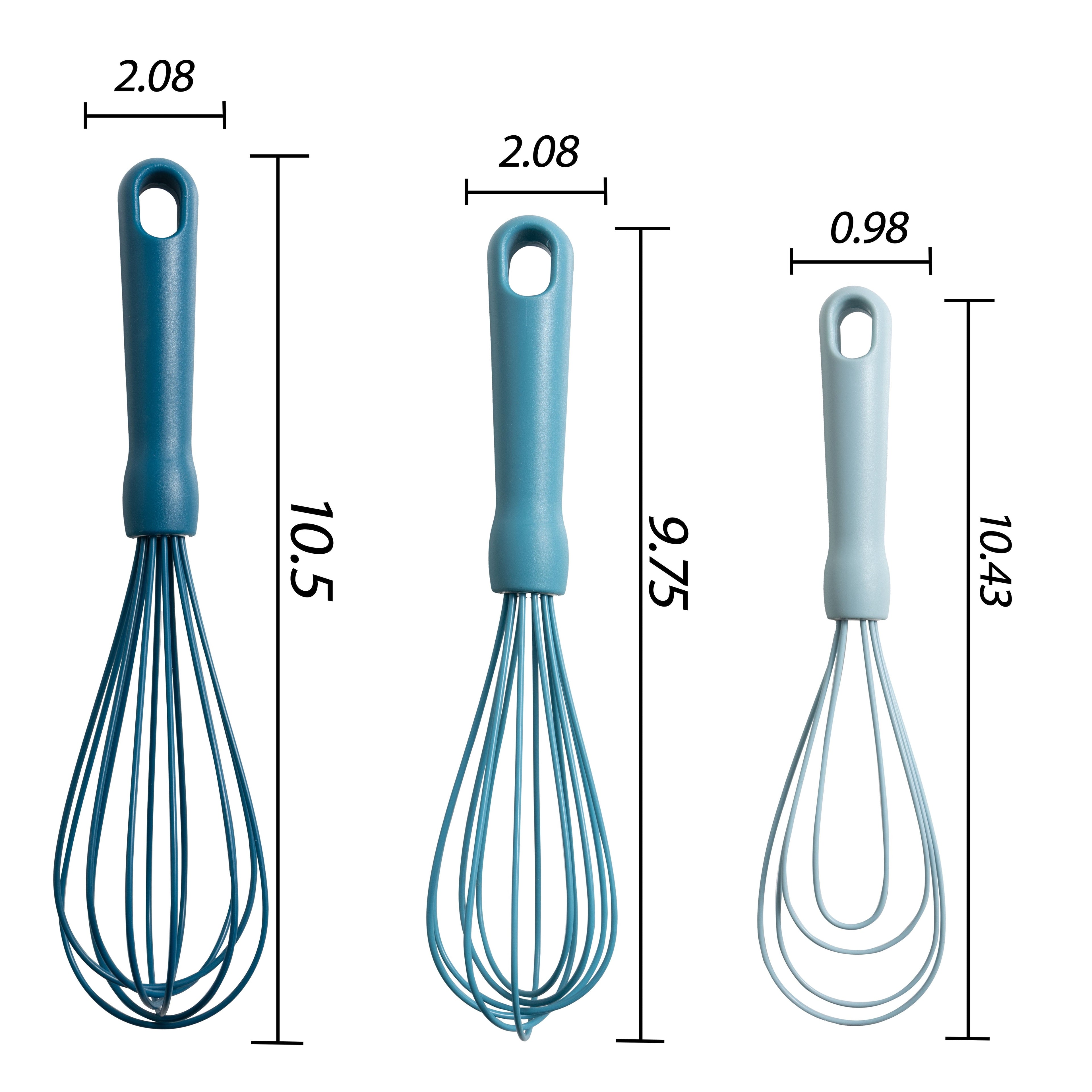 Multi-Functional 3-Piece Silicone Whisk Set, 10.5"/10.4"/9.6" L, Blue Color - Innovative Kitchen Helper for Modern Cooking Detail