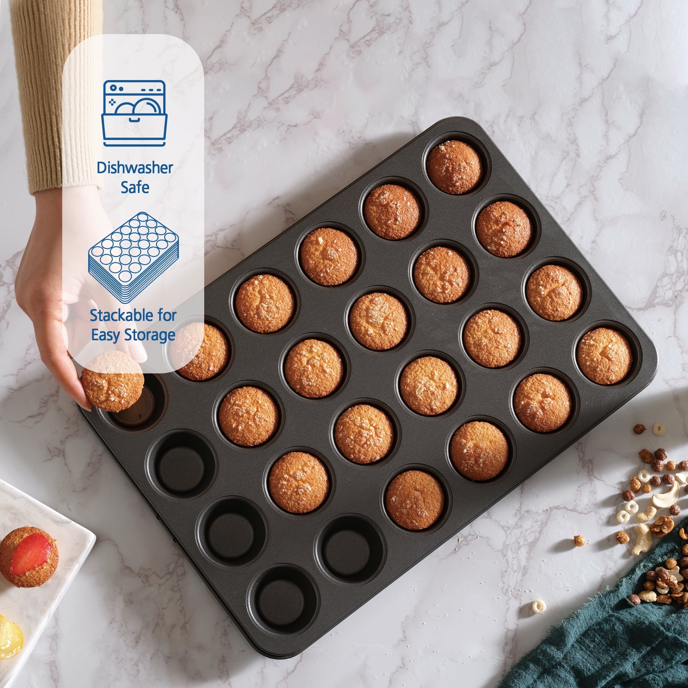Premium Kitchen 24 Cavity Mini Muffin Pan, Non-Stick Bakeware,1.8 inch Diameter Cups,Gray,Carbon Steel - Multi-Functional Manual Food Chopper & Slicer Detail