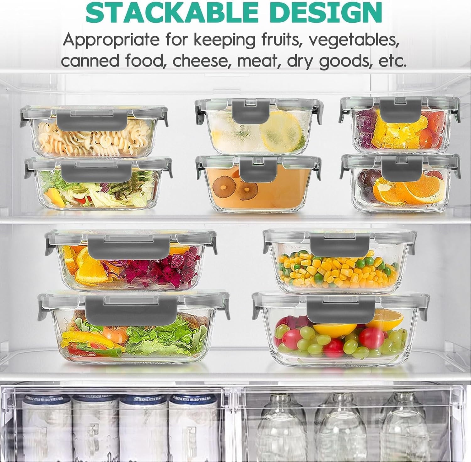 Deliciously Squishy 34pcs Glass Food Storage Containers with Lids Set, Airtight Meal Prep Containers (17 Containers & 17 Lids), Grey - Fun Food Fidget Cookie Squishable Toy Detail