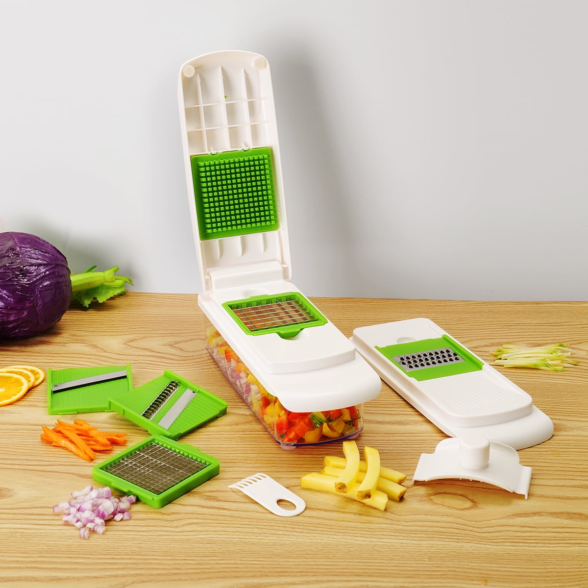 Premium Kitchen 11 Pieces Multi-Function Nice Dicer and Mandoline, Stainless Steel, Green Glaze, 820g - Multi-Functional Manual Food Chopper & Slicer Detail