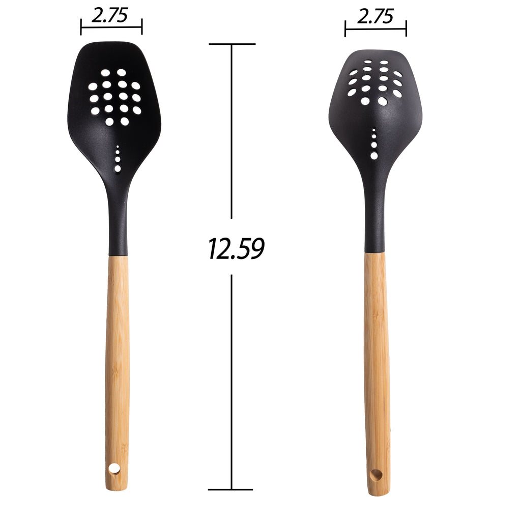 Durable Steel Cooking Spoon with Bamboo Handle, 12.6"2.7", & Bamboo, Black - Multi-Purpose Hand Tool for Daily Meal Prep Detail