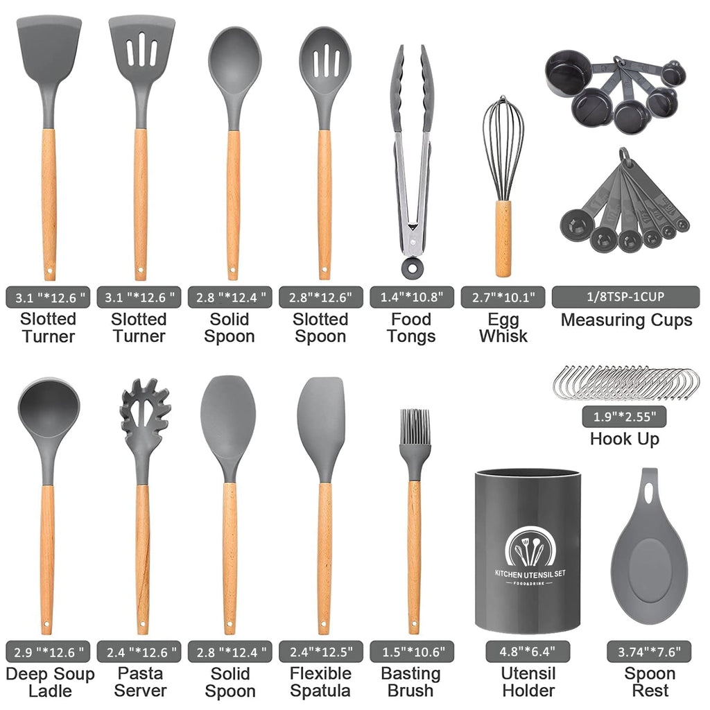 Heavy Duty Silicone Cooking Utensils Set, 446°F Heat Resistant Wooden Handle Cooking Kitchen Utensils Spatula Set with Holder fo... - High-Precision Culinary Tool for Baking & Cooking Detail