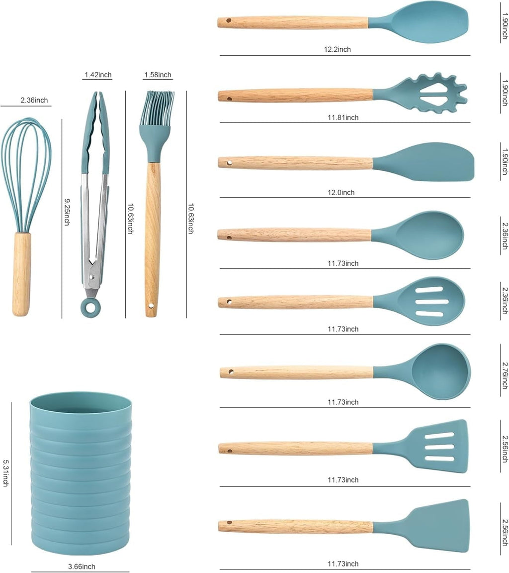 Seamless One-Piece Small Silicone Cooking Utensils with Holder Set (12Pack), Aqua Kitchen Tools with Wooden Handle for Nonstick... - Durable Turner & Ladle Utensil Set for Home Chefs Detail