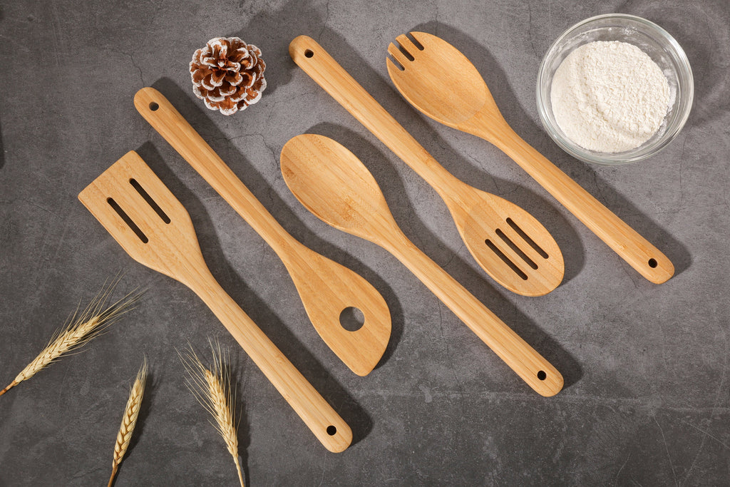 Ergonomic Cooking 5pk Bamboo Spoons for Cooking, Kitchen Essential Tools Set - Premium Stainless Steel Cooking Utensil for Non-Stick Pots Detail