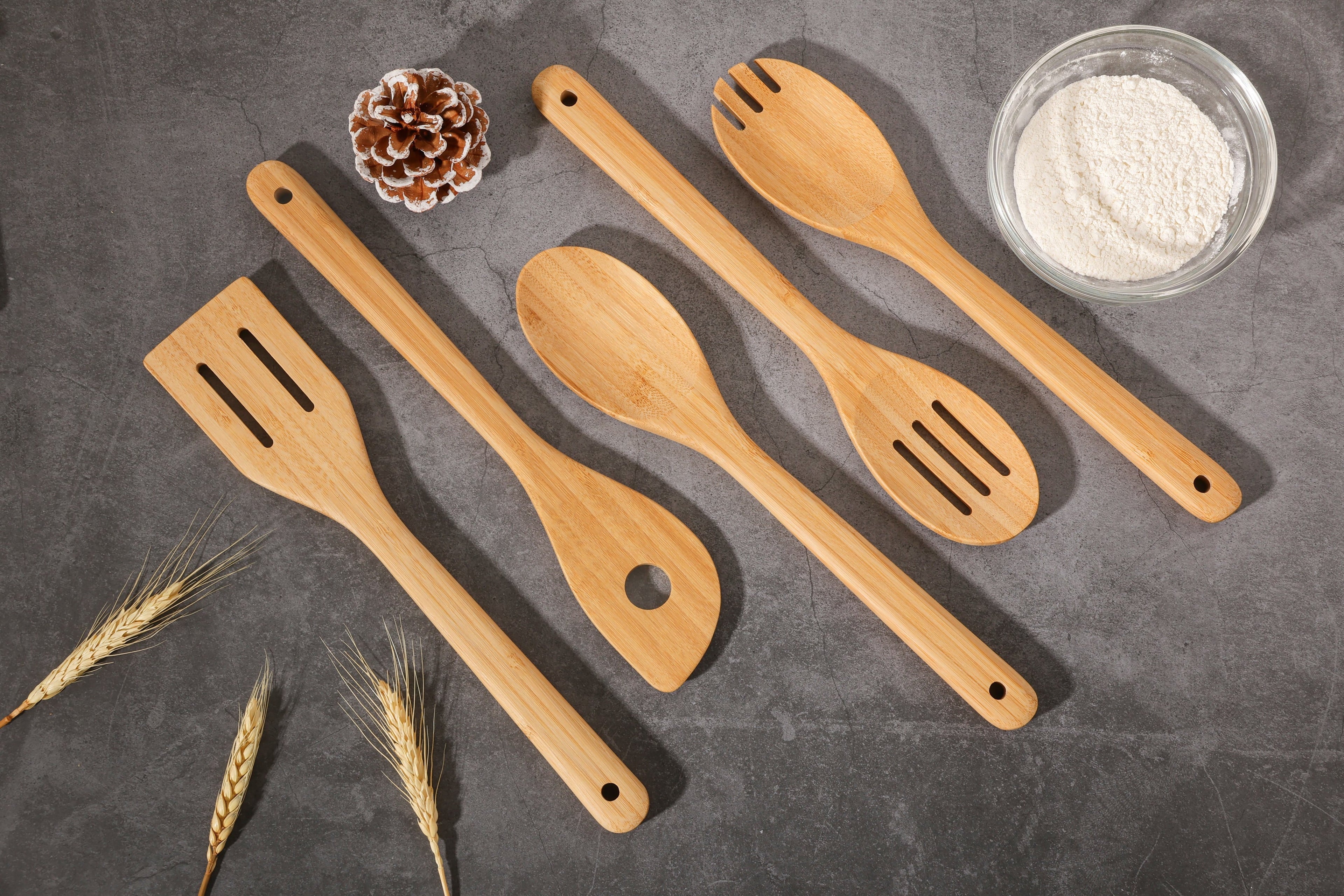 Ergonomic Cooking 5pk Bamboo Spoons for Cooking, Kitchen Essential Tools Set - Premium Stainless Steel Cooking Utensil for Non-Stick Pots Detail