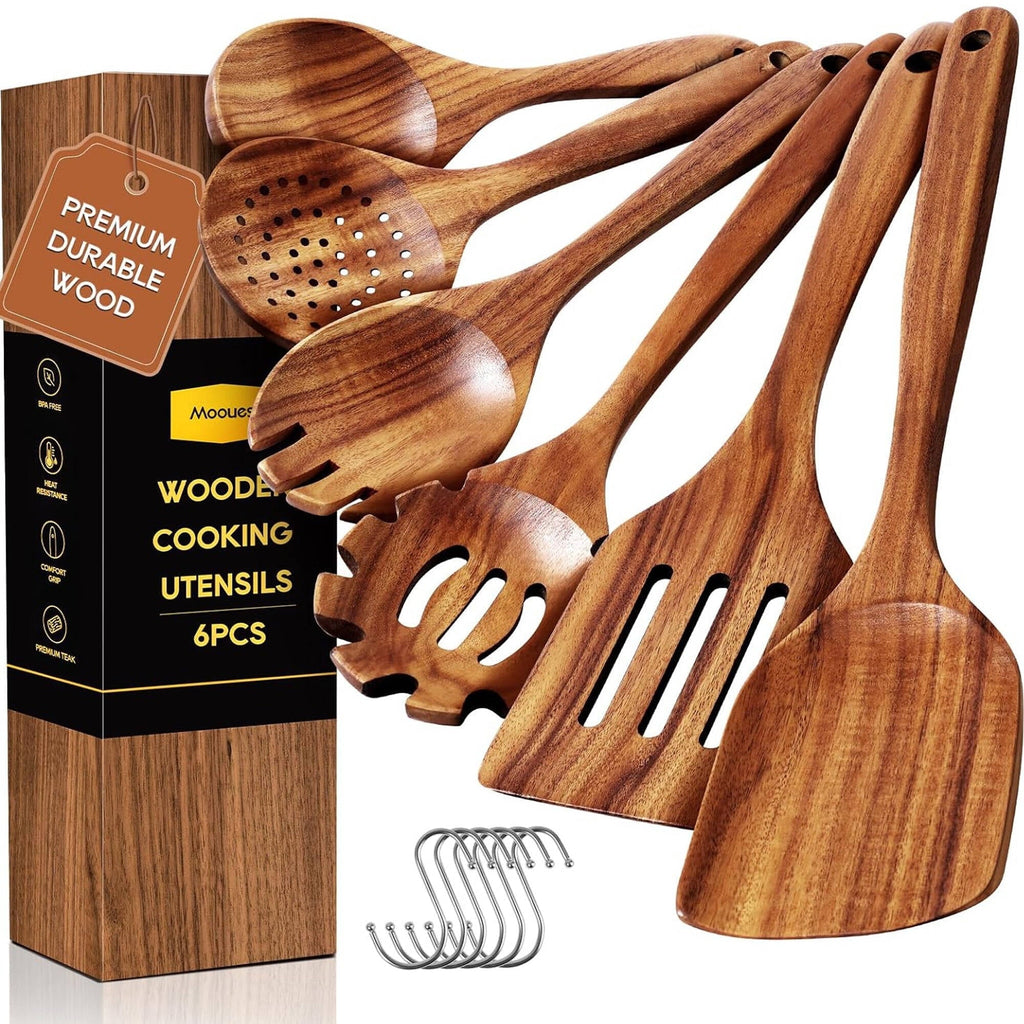 Seamless One-Piece 6-Piece Natural Teak Wooden Spoons for Cooking With 10 Hooks，Handcrafted Kitchen Utensils Set ，Ideal Gift Set - Durable Turner & Ladle Utensil Set for Home Chefs - Default Title