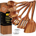 Seamless One-Piece 6-Piece Natural Teak Wooden Spoons for Cooking With 10 Hooks，Handcrafted Kitchen Utensils Set ，Ideal Gift Set - Durable Turner & Ladle Utensil Set for Home Chefs - Default Title