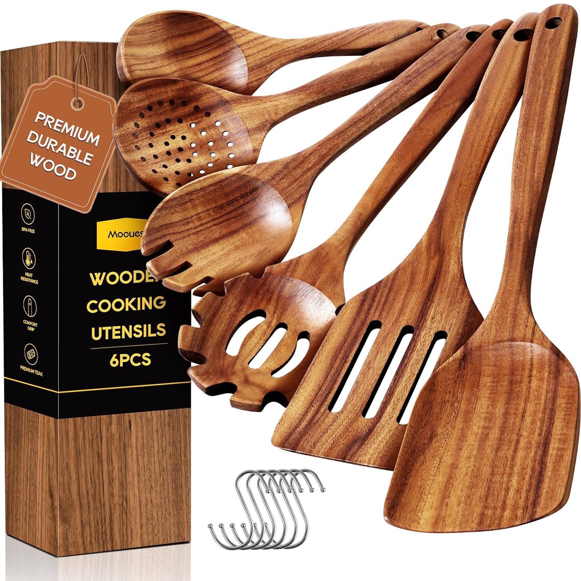 Seamless One-Piece 6-Piece Natural Teak Wooden Spoons for Cooking With 10 Hooks，Handcrafted Kitchen Utensils Set ，Ideal Gift Set - Durable Turner & Ladle Utensil Set for Home Chefs - Default Title