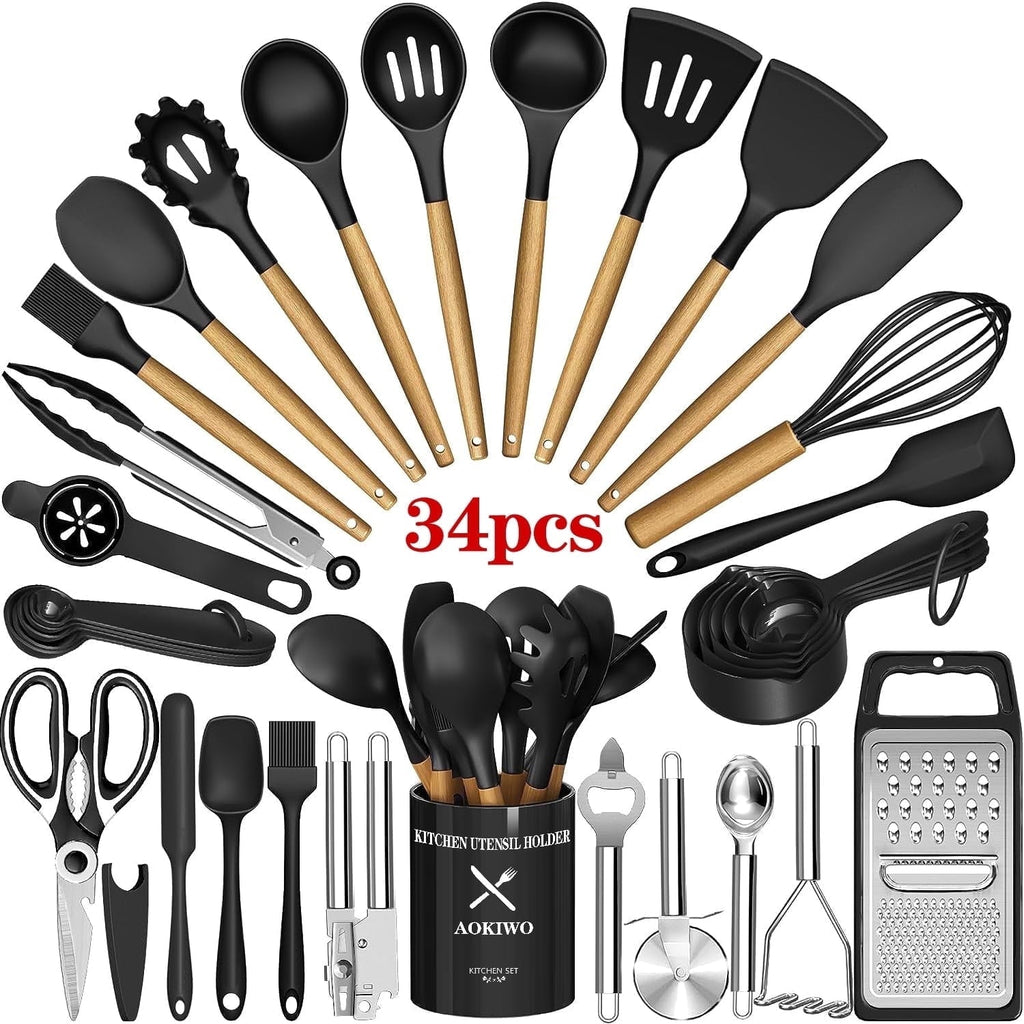 Professional Grade Kitchen Utensil Set, 34Pieces Silicone Cooking Utensil Set with Wooden Handle, Heat Resistant Spatula Set Gadg... - Heavy Duty Stainless Steel Kitchen Shears - Default Title