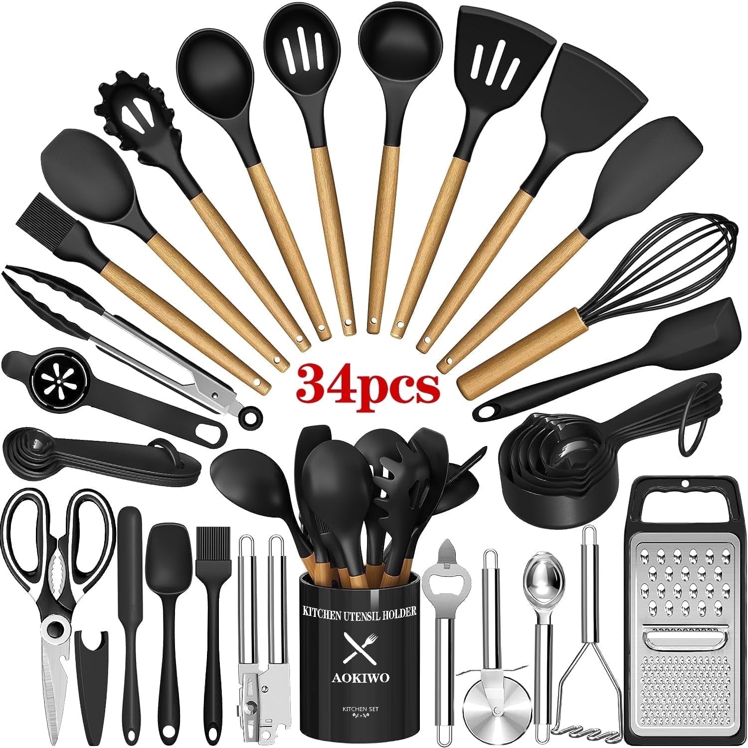 Professional Grade Kitchen Utensil Set, 34Pieces Silicone Cooking Utensil Set with Wooden Handle, Heat Resistant Spatula Set Gadg... - Heavy Duty Stainless Steel Kitchen Shears - Default Title