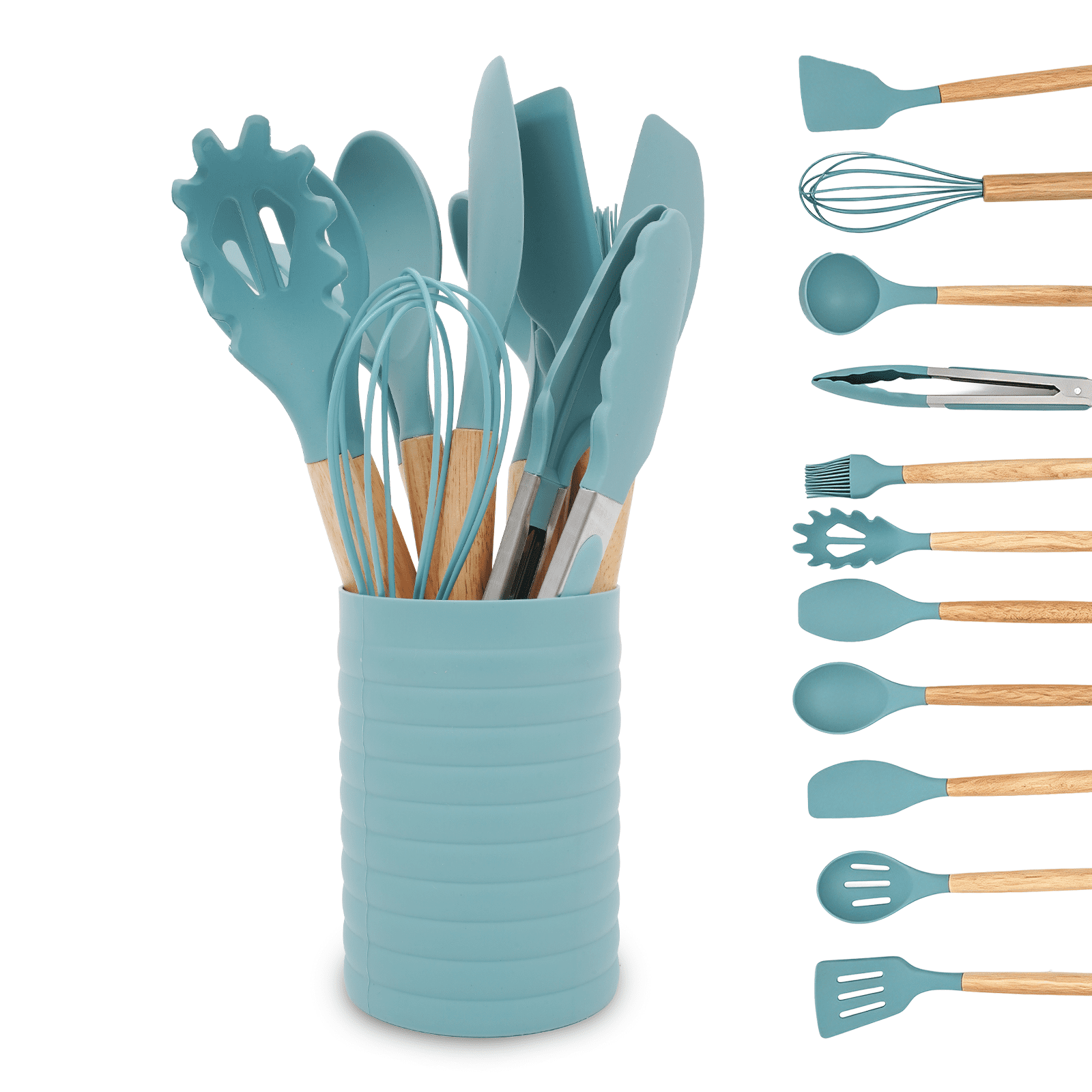 Seamless One-Piece Small Silicone Cooking Utensils with Holder Set (12Pack), Aqua Kitchen Tools with Wooden Handle for Nonstick... - Durable Turner & Ladle Utensil Set for Home Chefs - Default Title