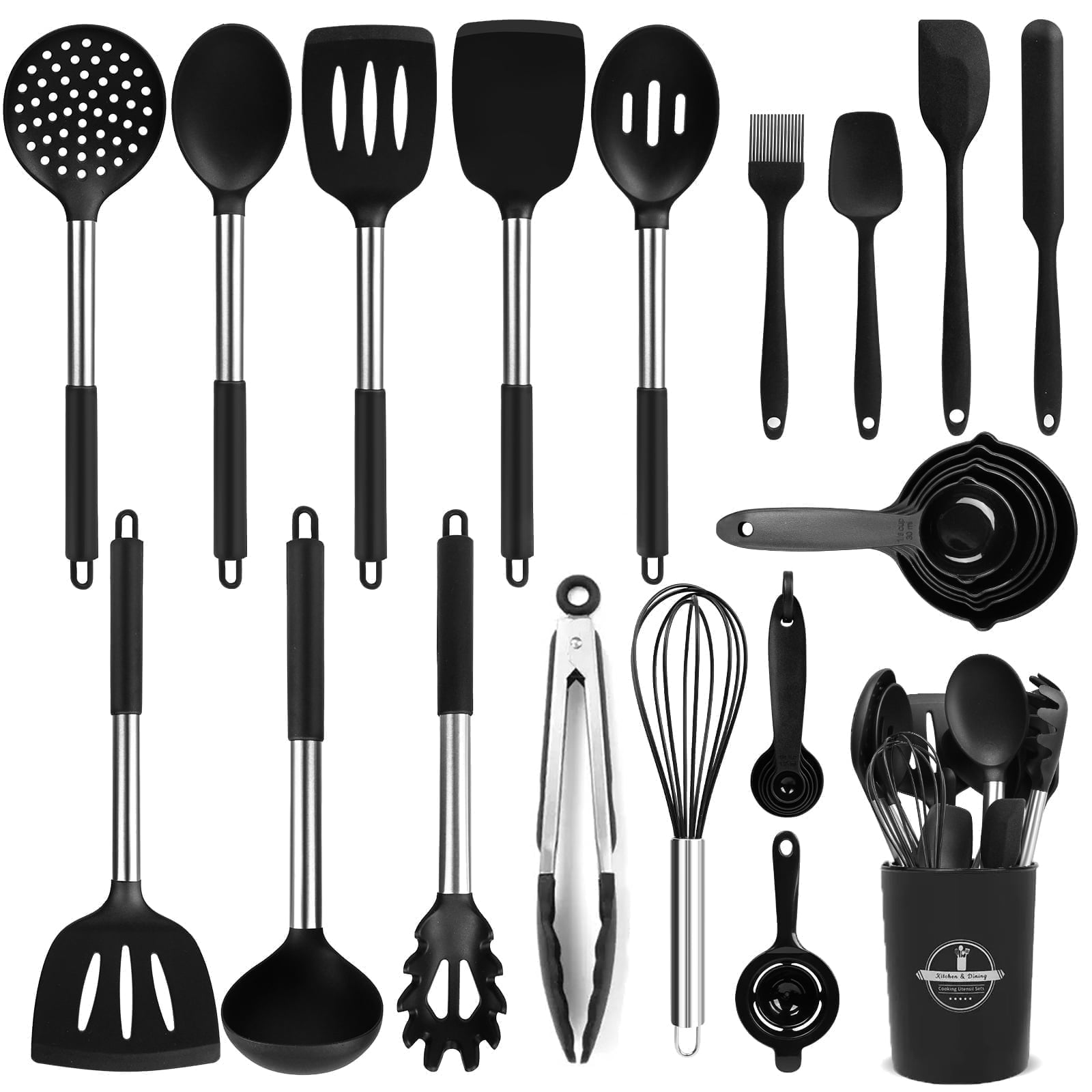 Seamless One-Piece Silicone Cooking Utensils Set, 26 Pcs, Heat Resistant Kitchen Utensils Set, Black - Durable Turner & Ladle Utensil Set for Home Chefs - Default Title