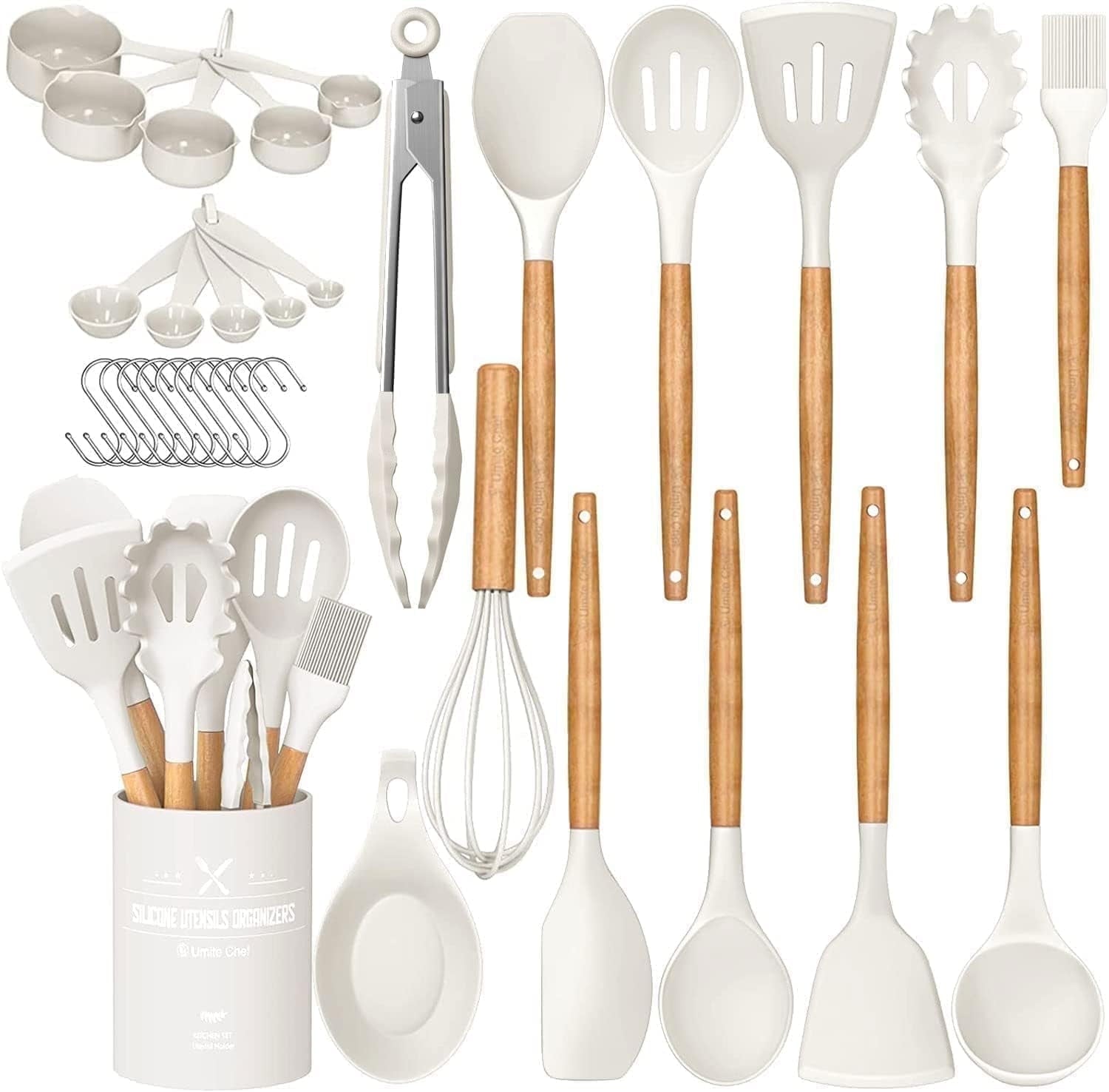 Heavy Duty Kitchen Cooking Utensils Set, 33 pcs Non-stick Silicone Cooking Kitchen Utensils Spatula Set with Holder, Wooden Hand... - Multi-Purpose Hand Tool for Daily Meal Prep - Default Title
