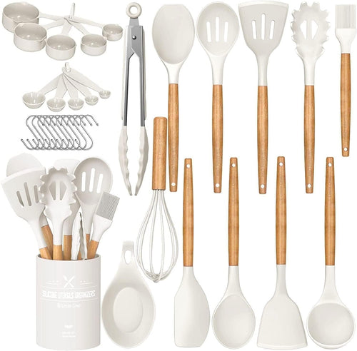 Ergonomic Cooking Kitchen Cooking Utensils Set, 33 pcs Non-stick Silicone Cooking Kitchen Utensils Spatula Set with Holder, Wooden Hand... - Premium Stainless Steel Cooking Utensil for Non-Stick Pots - Default Title