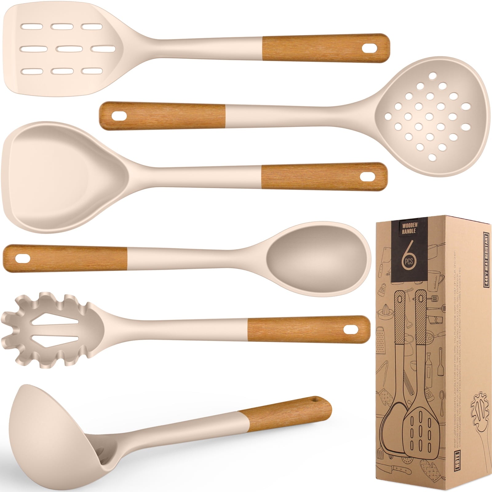 Ergonomic Cooking Large Silicone Cooking Utensils - Heat Resistant Kitchen Utensil Set with Wooden Handles, Spatula,Turner, Slotted Spo... - Durable Turner & Ladle Utensil Set for Home Chefs - Default Title