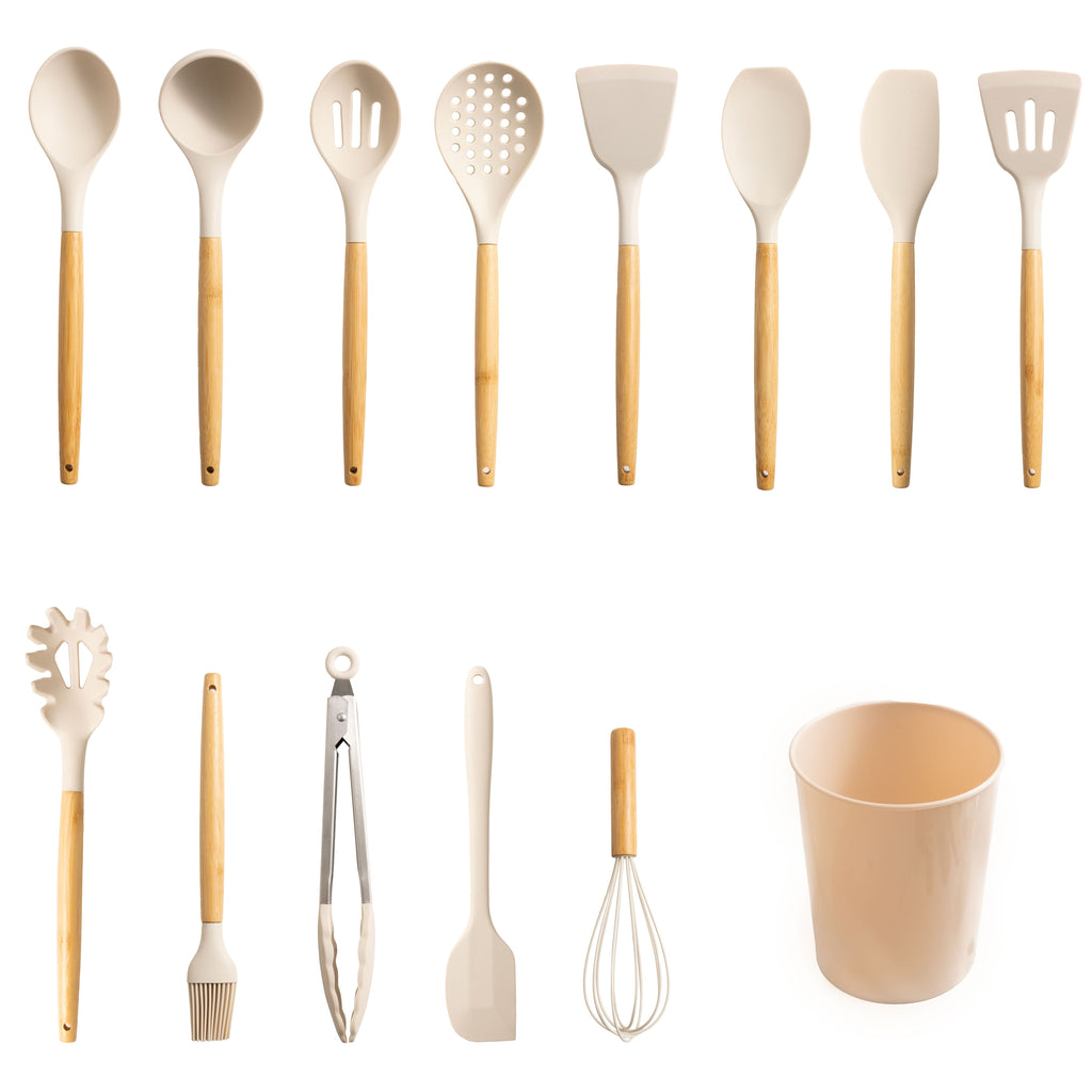 Heavy Duty Silicone & Bamboo Cooking Utensil Set, 14 Pieces - Multi-Purpose Hand Tool for Daily Meal Prep - Default Title