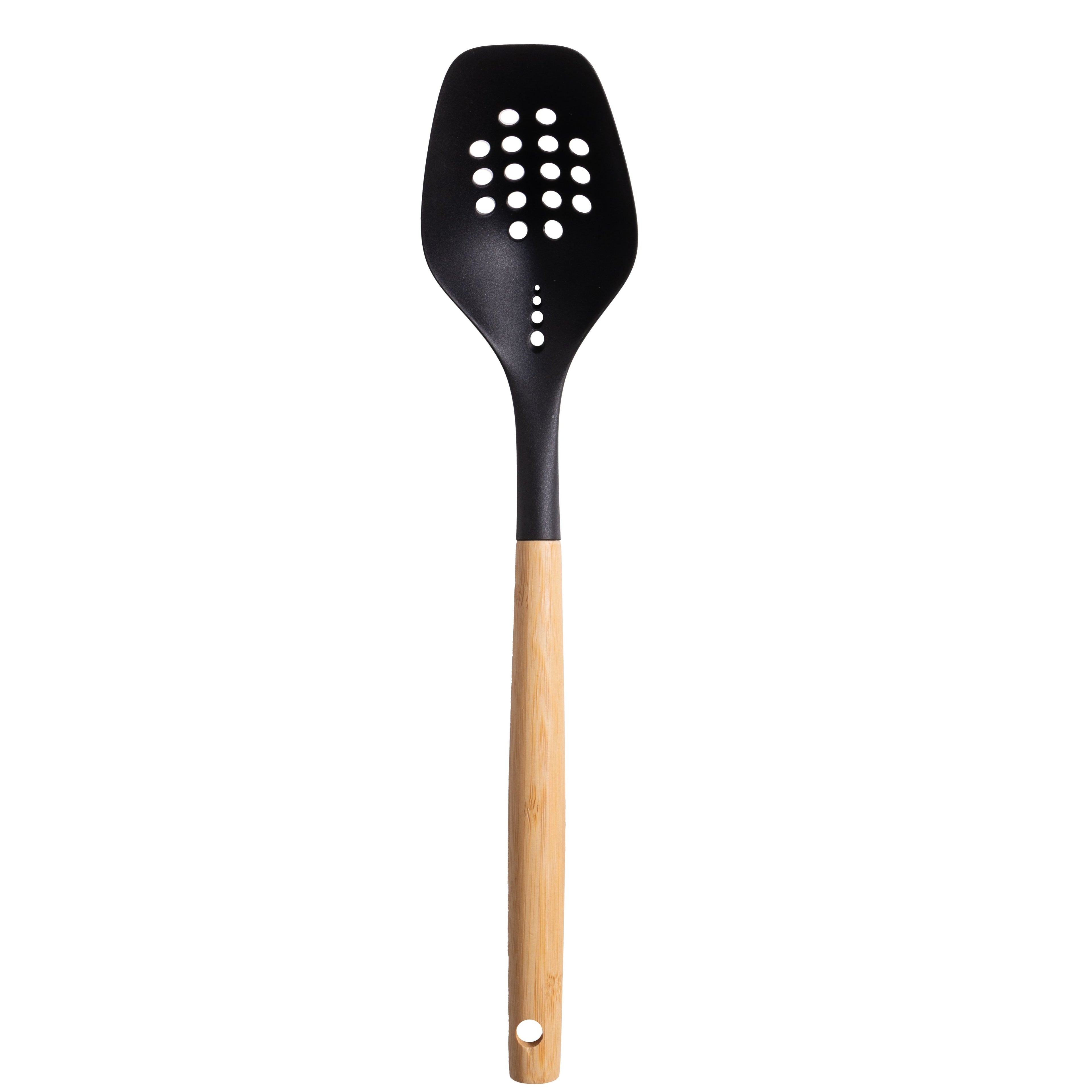 Durable Steel Cooking Spoon with Bamboo Handle, 12.6"2.7", & Bamboo, Black - Multi-Purpose Hand Tool for Daily Meal Prep - Default Title