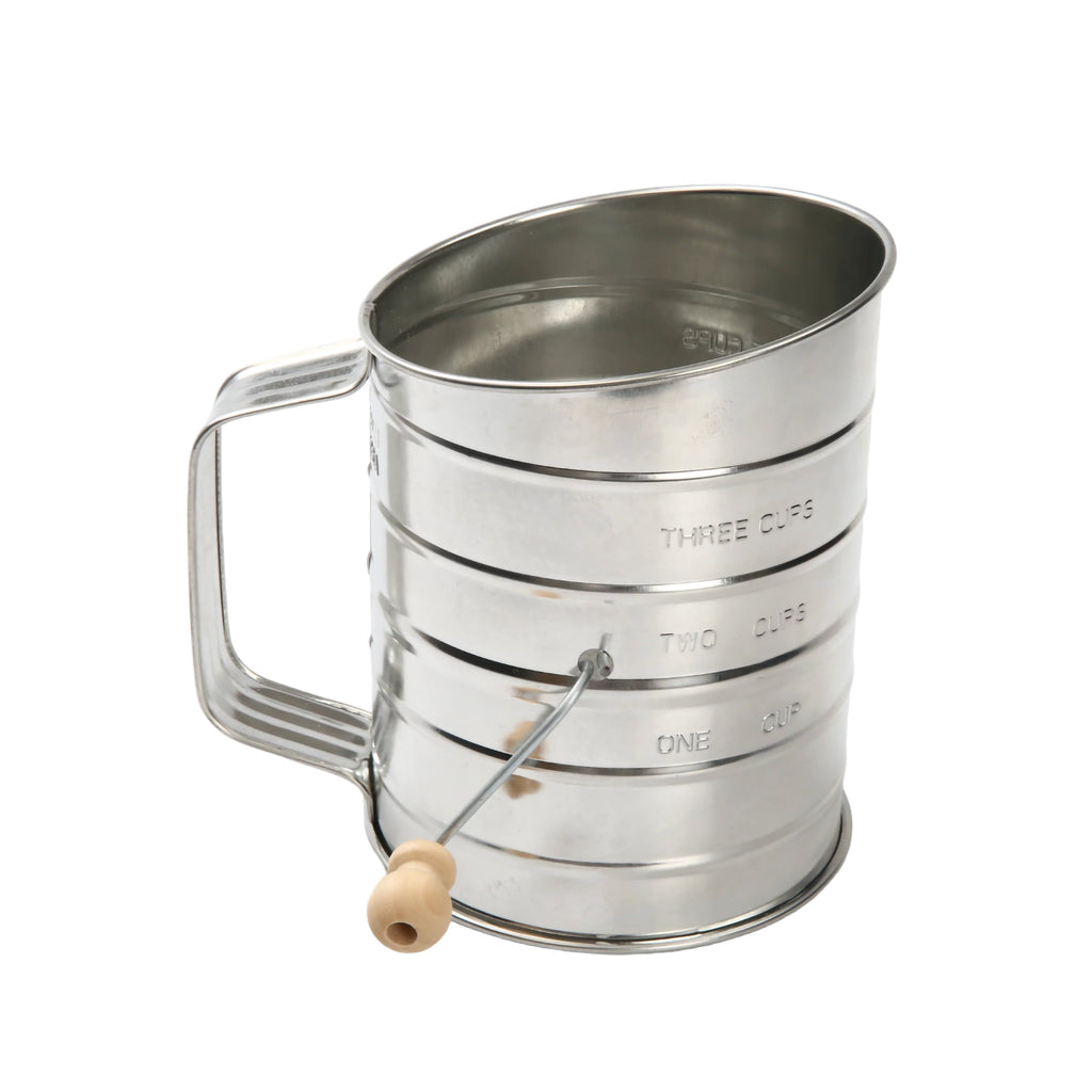 Multi-Functional Stainless Steel 3 Cup Flour Hand-Crank Sifter with Beechwood Handle Silver - Innovative Kitchen Helper for Modern Cooking - Default Title