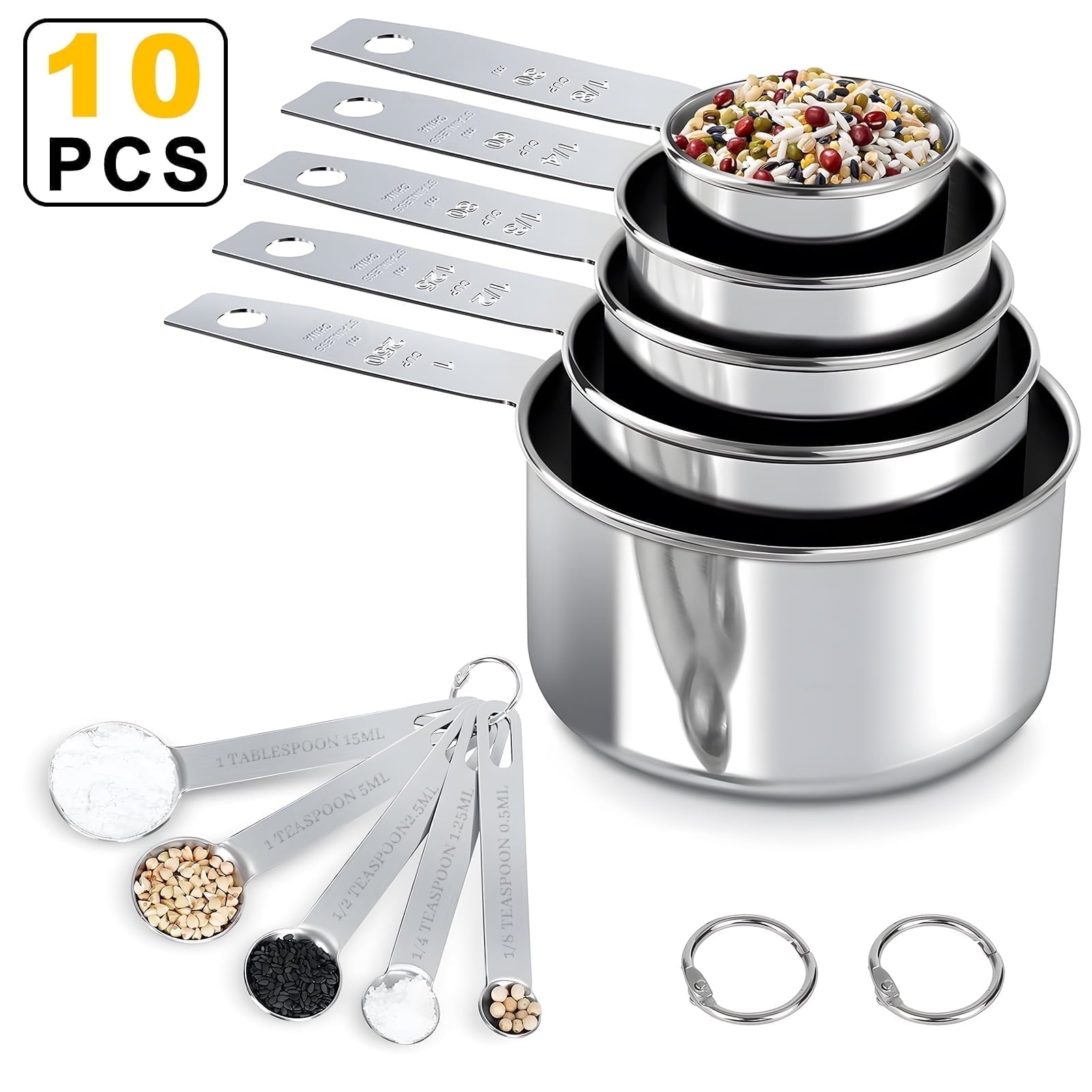 Non-Stick Safe Measuring Cups and Spoons Set of 10, 5 Stainless Steel Cups and 5 Spoons for Kitchen Cooking Baking - Heat-Resistant Silicone Cooking Spatula Turner - Default Title