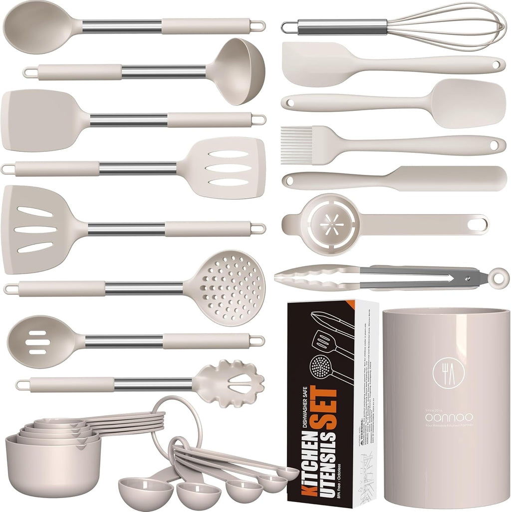 Ergonomic Cooking Large Silicone Cooking Utensils Set - Heat Resistant Kitchen Utensils,Turner Tongs,Spatula,Spoon,Brush,Whisk,Stainles... - Durable Turner & Ladle Utensil Set for Home Chefs - Default Title