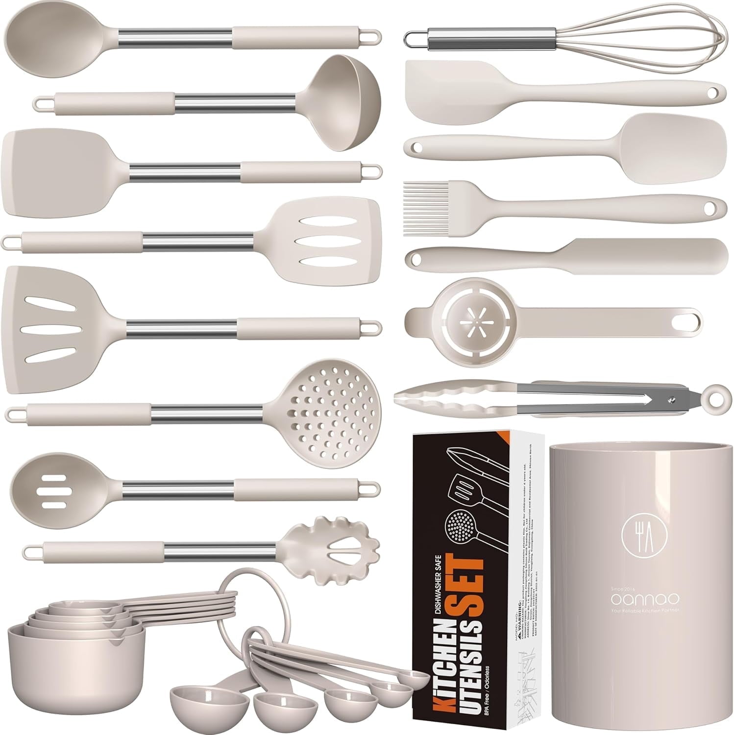 Ergonomic Cooking Large Silicone Cooking Utensils Set - Heat Resistant Kitchen Utensils,Turner Tongs,Spatula,Spoon,Brush,Whisk,Stainles... - Durable Turner & Ladle Utensil Set for Home Chefs - Default Title