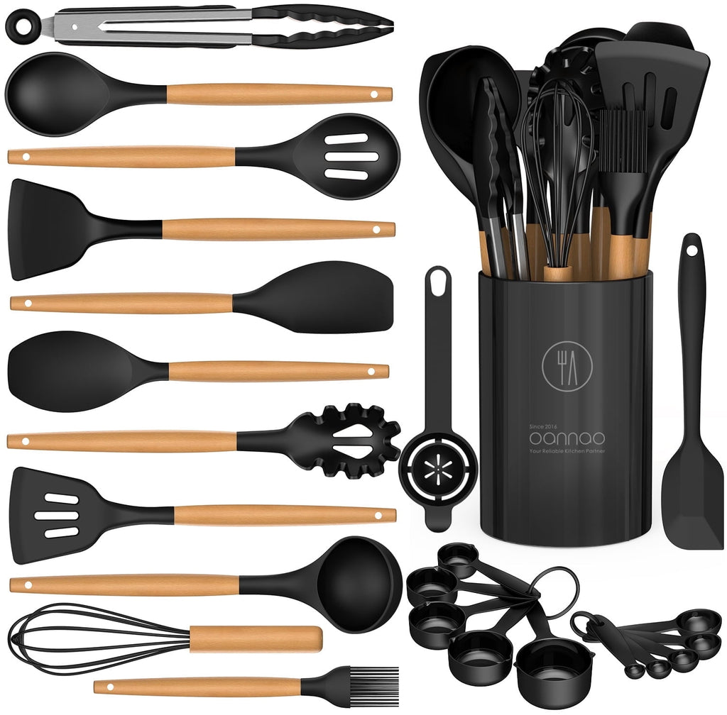 Seamless One-Piece Silicone Cooking Utensils Set - Silicone Kitchen Utensils for Cooking Wooden Handles, 446°F Heat Resistant Kitchen Ut... - Premium Stainless Steel Cooking Utensil for Non-Stick Pots - Default Title
