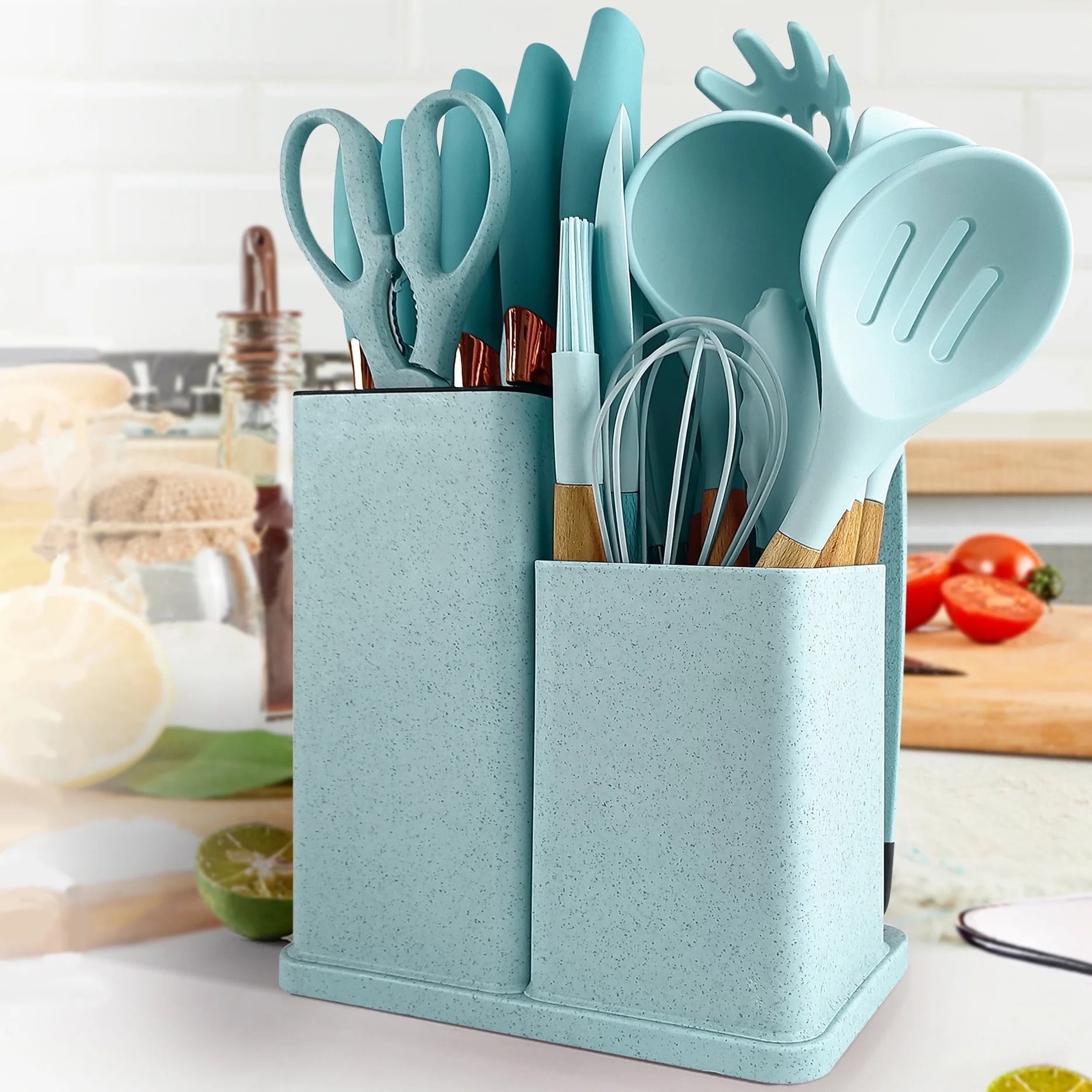 Professional Grade Silicone Kitchen Cooking Utensils Set, 19 Pieces Utensil with Holder, Heat Resistant, Green - Multi-Purpose Hand Tool for Daily Meal Prep - Default Title