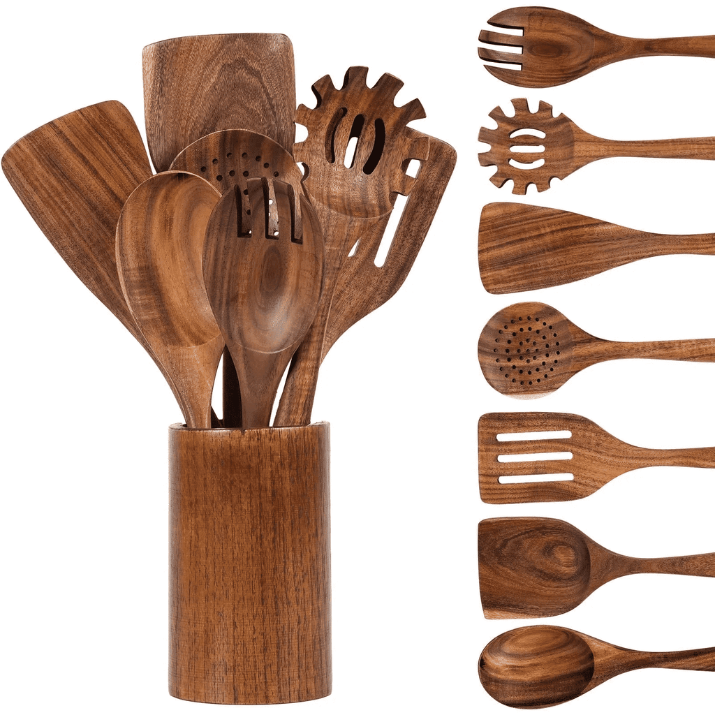 Premium Silicone Wooden Spoons for Cooking, 8 Pcs Natural Wooden Utensil for Cooking with Non-Stick, Heat Resistant, Wood... - Ergonomic Kitchen Tongs and Cooking Spoon Utensil - Default Title