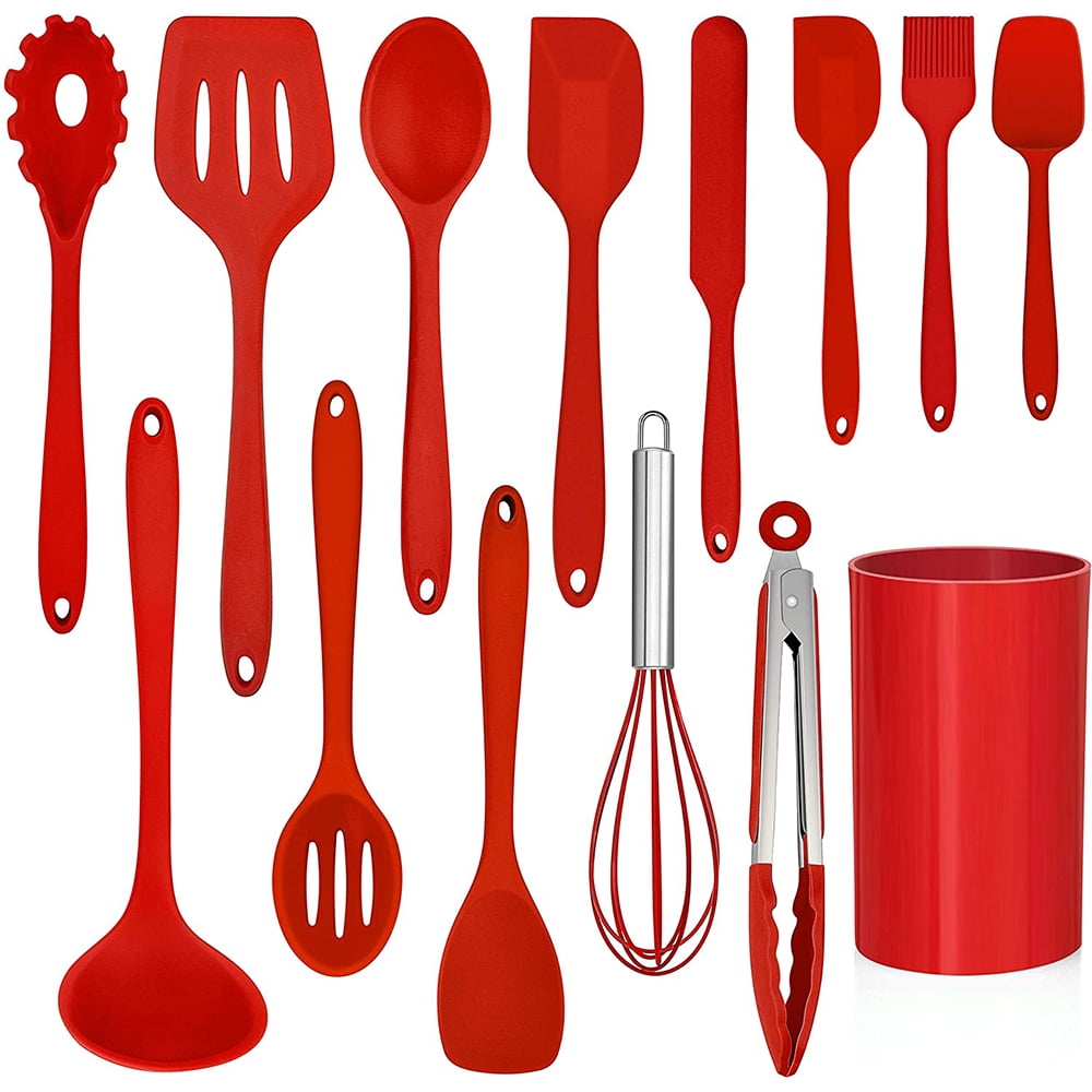Premium Silicone 14 Pcs Cooking Utensils Set with Holder, Heat Resistant Silicone Kitchen Cookware Utensils Set, Kitchen Cooking Tools... - Premium Stainless Steel Cooking Utensil for Non-Stick Pots - Default Title