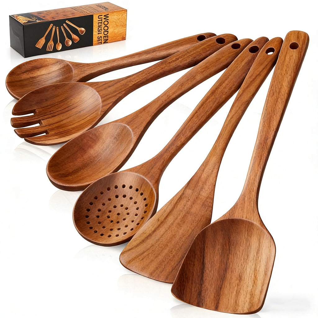 Seamless One-Piece Wooden Spoons for Cooking, 6 PCS Teak Wood Cooking Utensil Set, Wooden Kitchen Utensils for Nonstick Pans & Cookware,... - Ergonomic Kitchen Tongs and Cooking Spoon Utensil - Default Title
