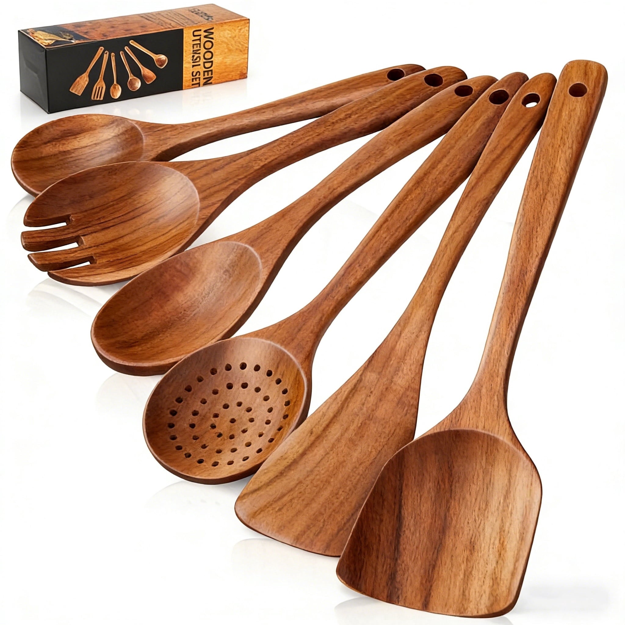 Seamless One-Piece Wooden Spoons for Cooking, 6 PCS Teak Wood Cooking Utensil Set, Wooden Kitchen Utensils for Nonstick Pans & Cookware,... - Ergonomic Kitchen Tongs and Cooking Spoon Utensil - Default Title