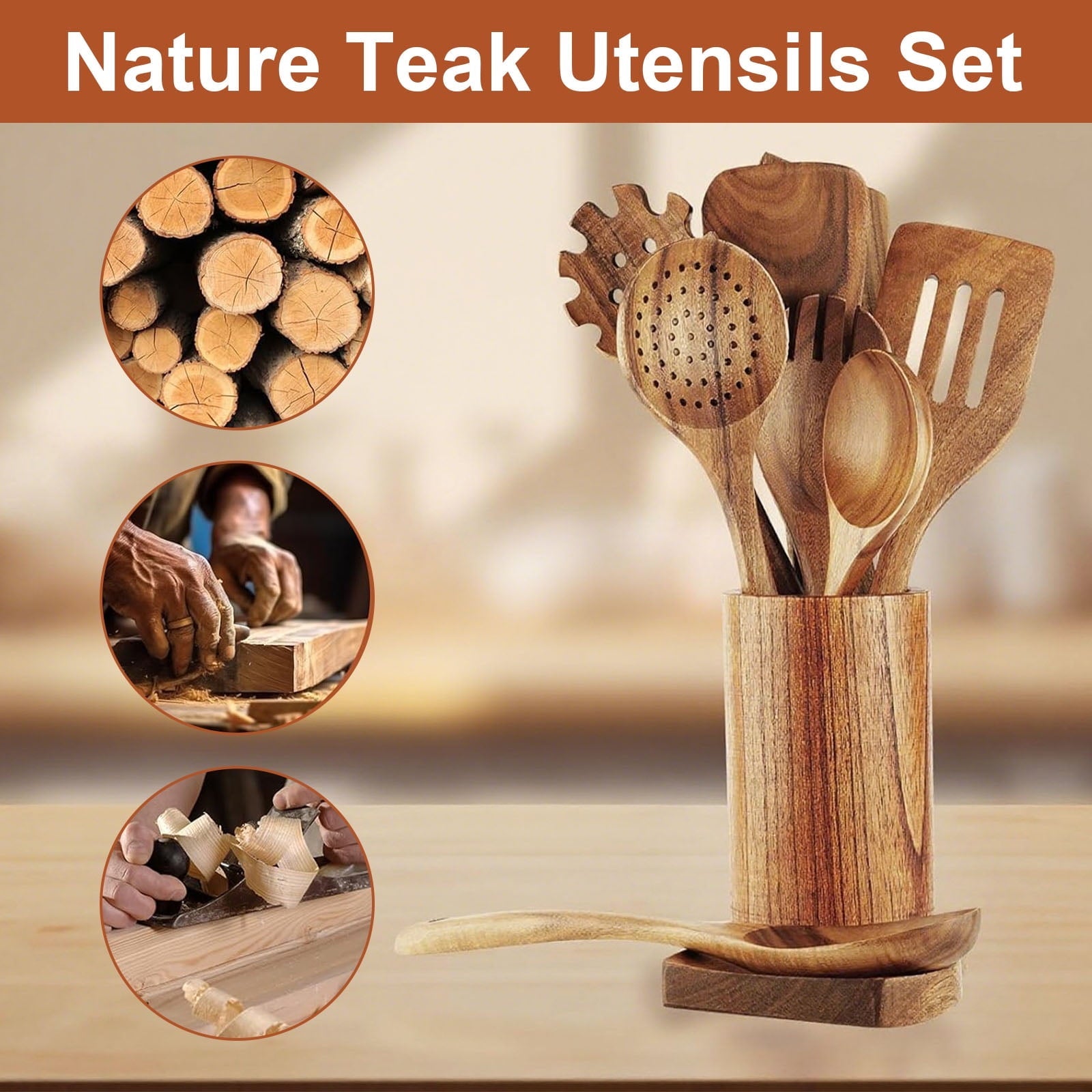 Heat-Resistant 10Pcs Wooden Spoons for Cooking, Smooth Finish Teak Wooden Utensils for Cooking, Soft Comfort-Grip Wood Spoons for Co... - Ergonomic Kitchen Tongs and Cooking Spoon Utensil Detail