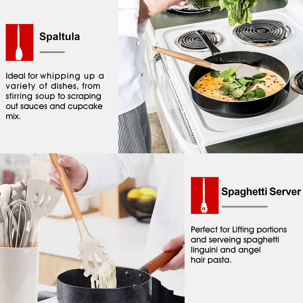 Premium Silicone Kitchen Utensils Set of 6, Silicone Cooking Utensils with Wooden Handle, Non-Stick Cookware & Heat Resistant, Include... - Heat-Resistant Silicone Cooking Spatula Turner Detail