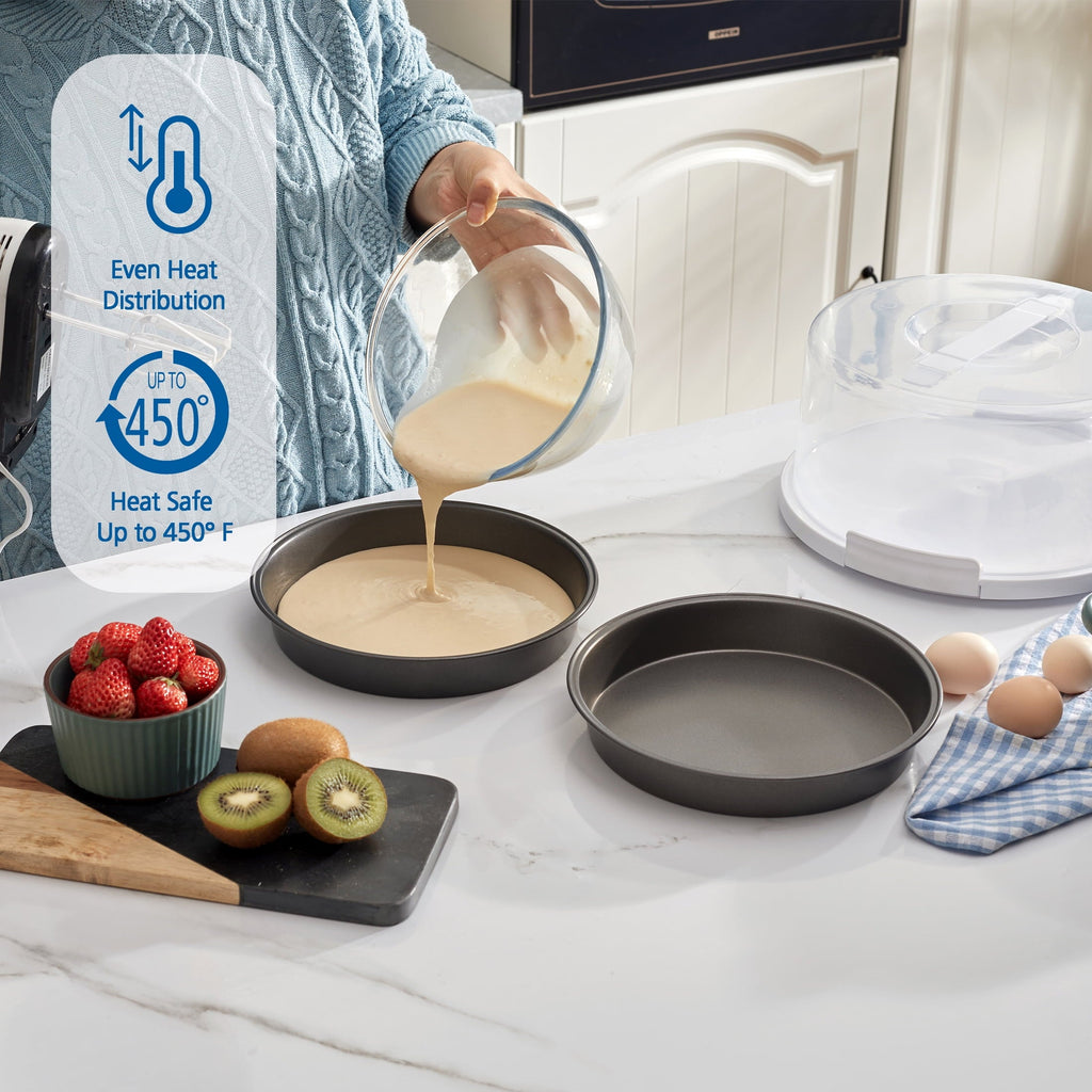 Innovative 12 inch Clear Cake Carrier with 2pk 9 inch Gray Round Pans, Carbon Steel - Innovative Kitchen Helper for Modern Cooking Detail