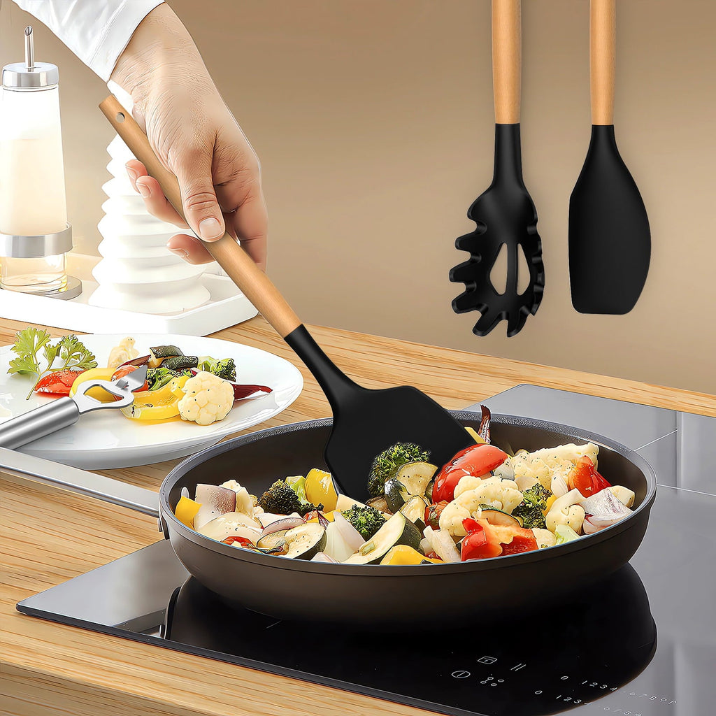 Premium Kitchen Silicone Cooking Utensils Set - Silicone Kitchen Utensils for Cooking Wooden Handles, 446°F Heat Resistant Kitchen Ut... - Premium Stainless Steel Garlic Presser & Peeler Detail