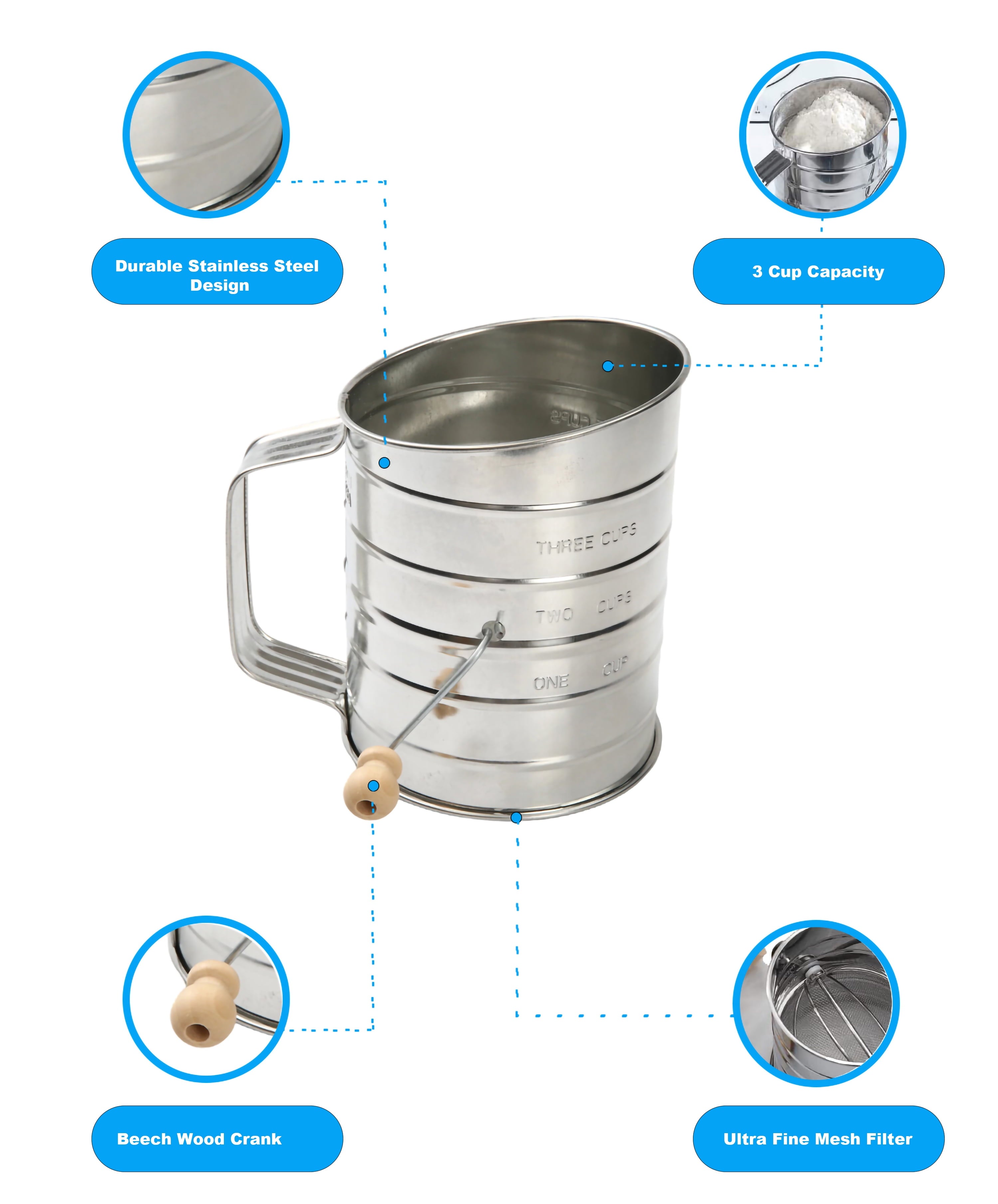 Multi-Functional Stainless Steel 3 Cup Flour Hand-Crank Sifter with Beechwood Handle Silver - Innovative Kitchen Helper for Modern Cooking Detail