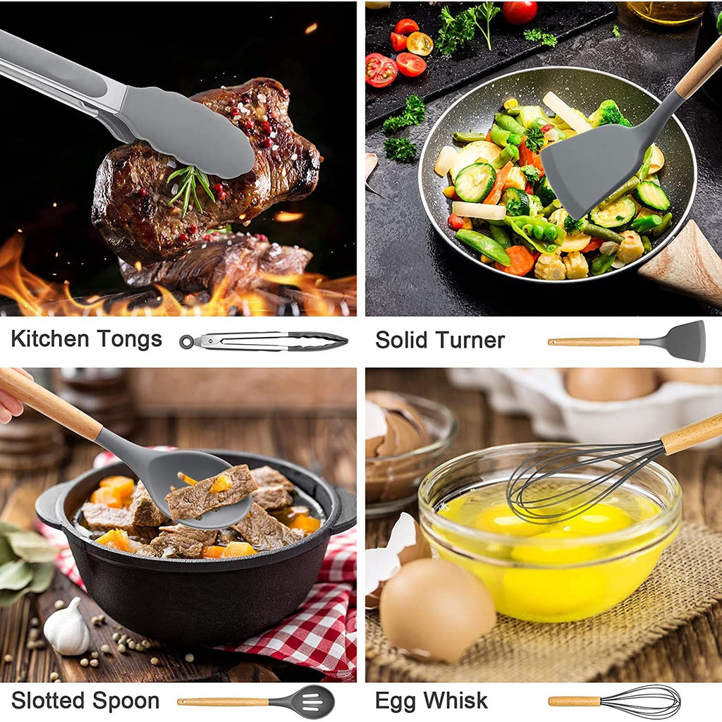 Non-Stick Safe Silicone Cooking Utensils Set, 446°F Heat Resistant Wooden Handle Cooking Kitchen Utensils Spatula Set with Holder fo... - Durable Turner & Ladle Utensil Set for Home Chefs Detail