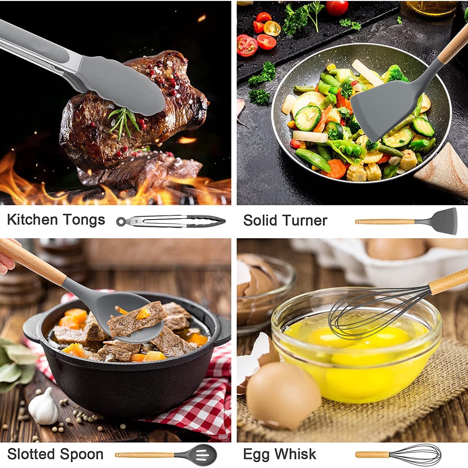 Heavy Duty Silicone Cooking Utensils Set, 446°F Heat Resistant Wooden Handle Cooking Kitchen Utensils Spatula Set with Holder fo... - High-Precision Culinary Tool for Baking & Cooking Detail