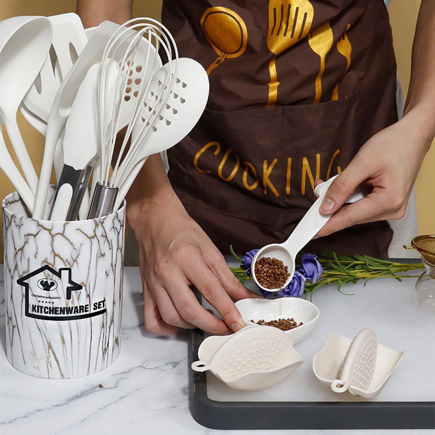 Non-Stick Safe Silicone Cooking Utensils Set - 446°F Heat Resistant Kitchen Utensils,Turner Tongs,Spatula,Spoon,Brush,Whisk,Kitchen ... - Durable Turner & Ladle Utensil Set for Home Chefs Detail