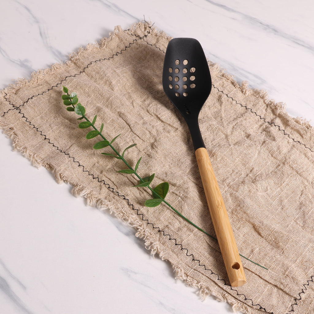 Durable Steel Cooking Spoon with Bamboo Handle, 12.6"2.7", & Bamboo, Black - Multi-Purpose Hand Tool for Daily Meal Prep Detail